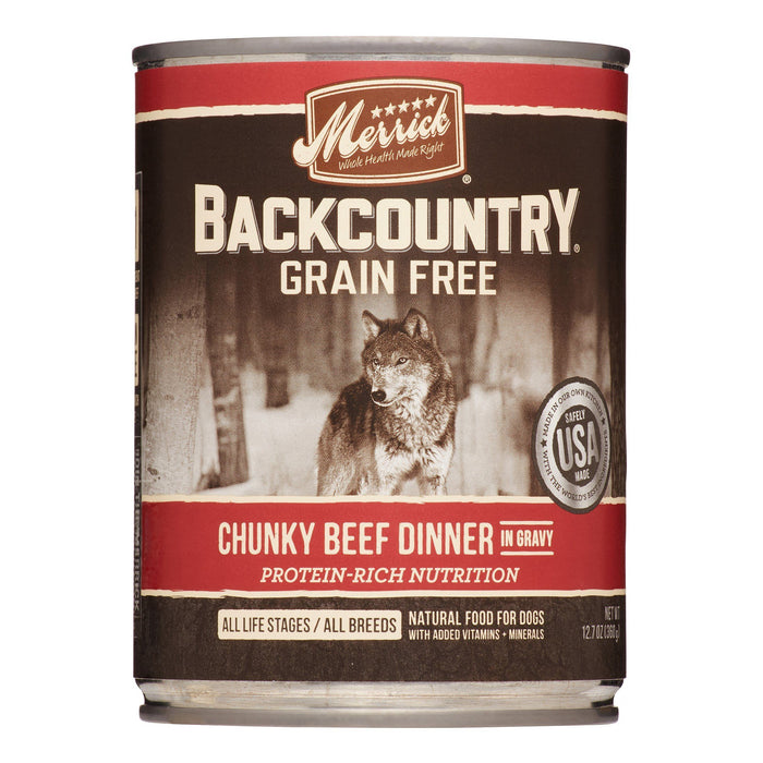 Merrick 'Backcountry' Grain-Free Chunky Beef Canned Wet Dog Food- 12.7 oz Cans - Case o...