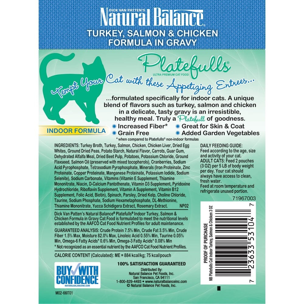 Natural Balance Platefulls Indoor Grain Free Turkey Salmon and Chicken in Gravy Pouch Wet Cat Food  