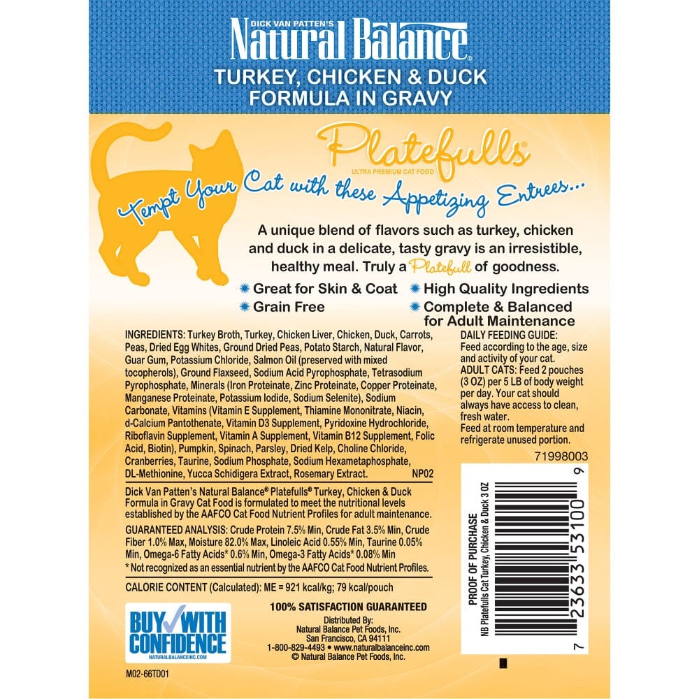 Natural Balance Platefulls Regular Grain Free Turkey Chicken and Duck in Gravy Pouch Wet Cat Food  