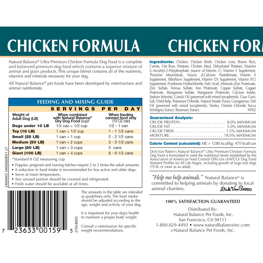 Natural Balance Ultra Premium Chicken Formula Canned Dog Food  