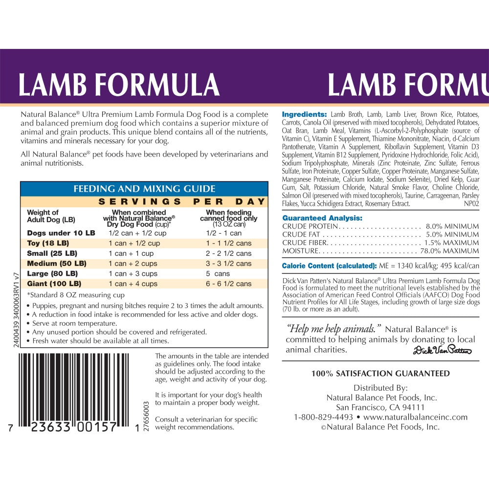 Natural Balance Ultra Premium Lamb Formula Canned Dog Food  