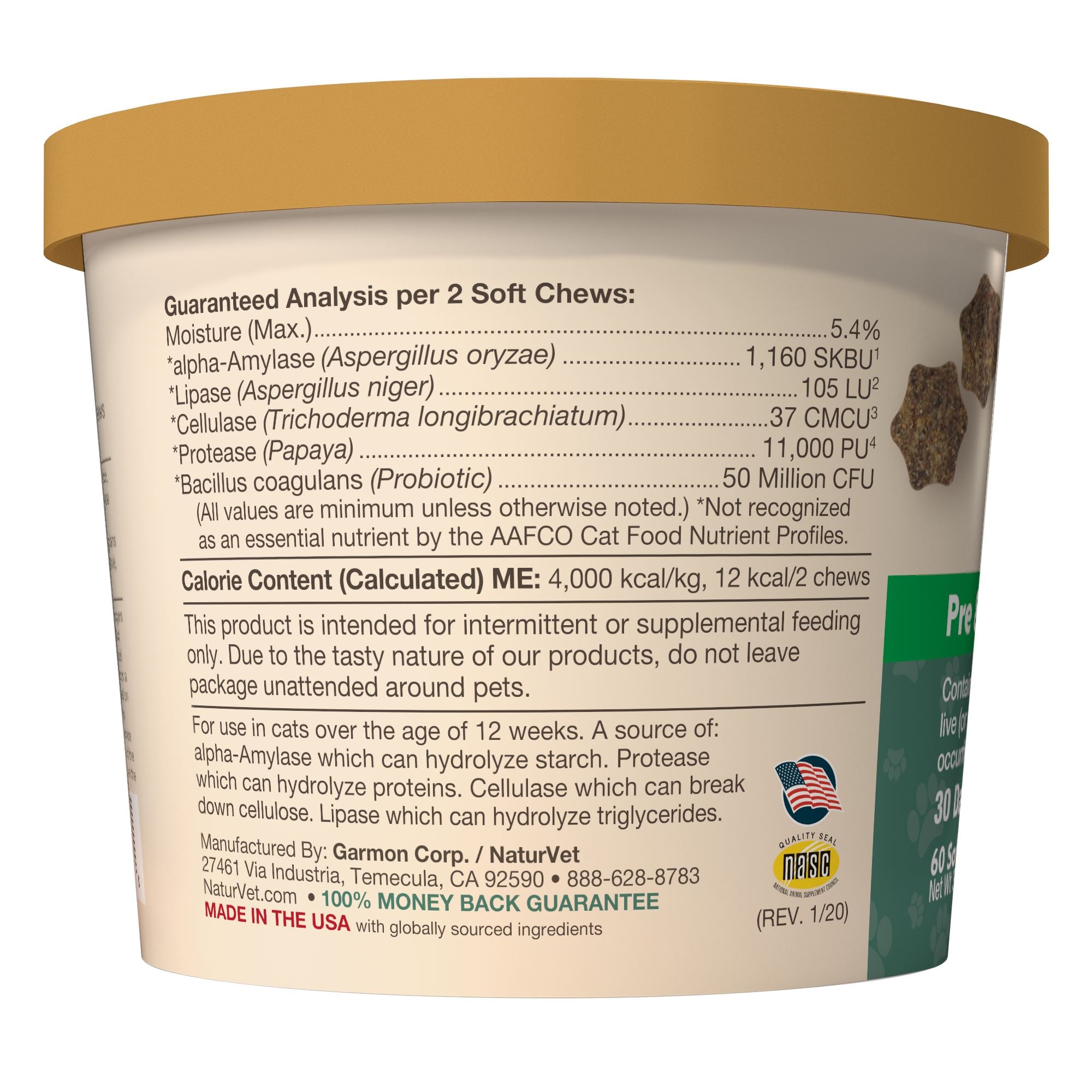 Naturvet Digestive Enzymes Plus Probiotic Cat Chewy Supplements - 60 ct Cup  