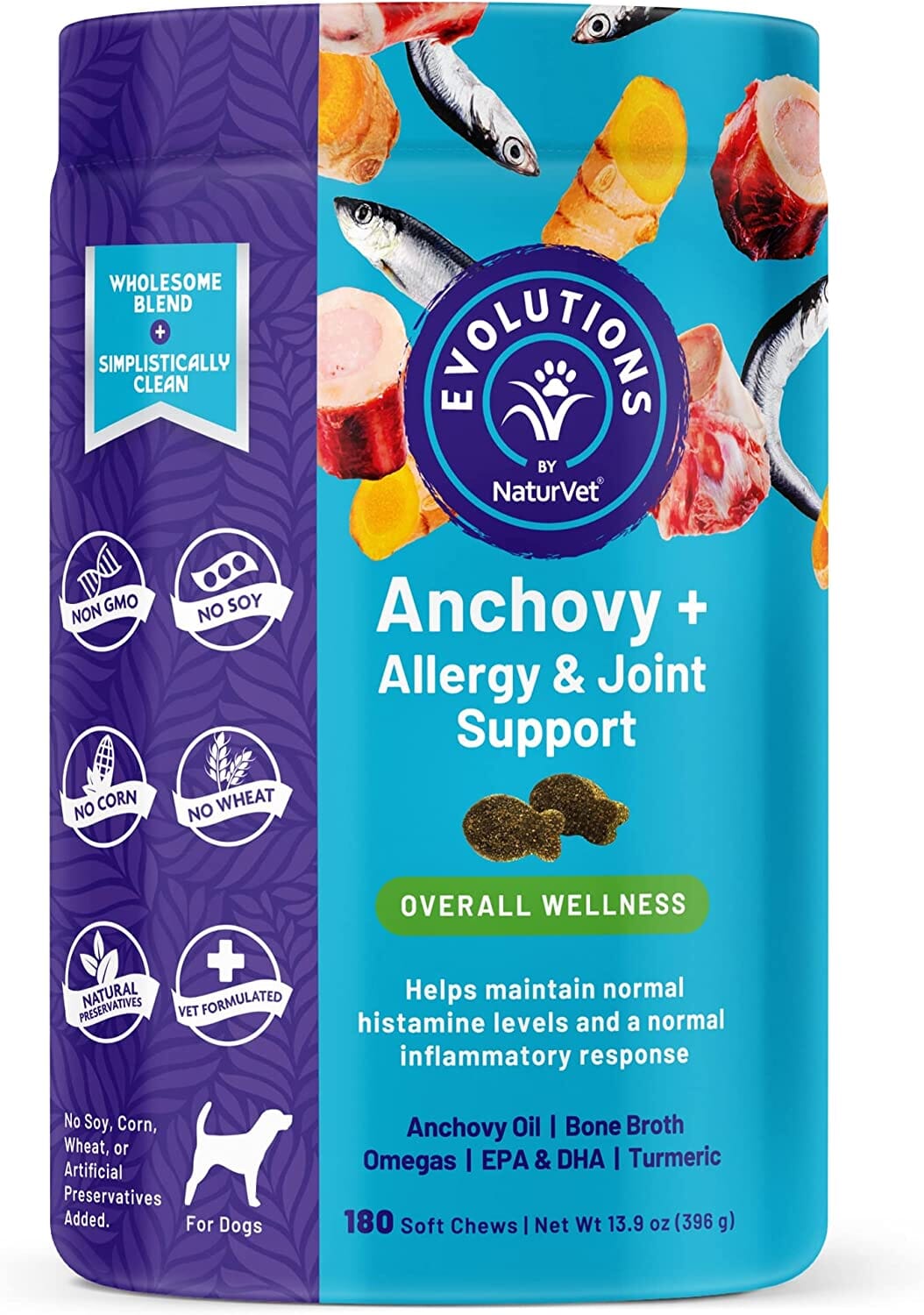 Naturvet Evolutions Anchovy + Allergy and Joint Support Soft Chews Dog Supplements - 180 Count  