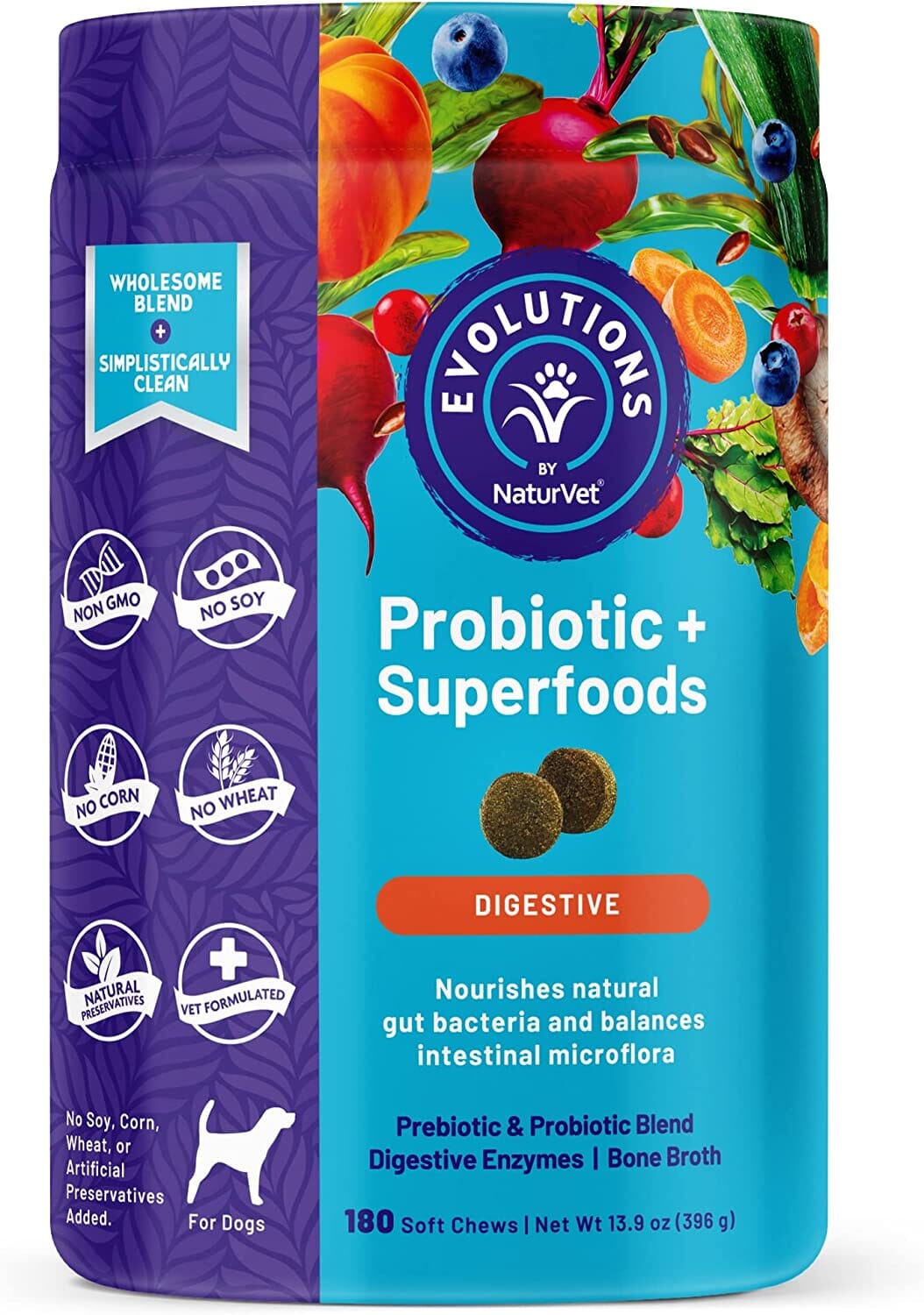 Naturvet Evolutions Probiotic + Superfoods Soft Chews Dog Supplements - 180 Count  