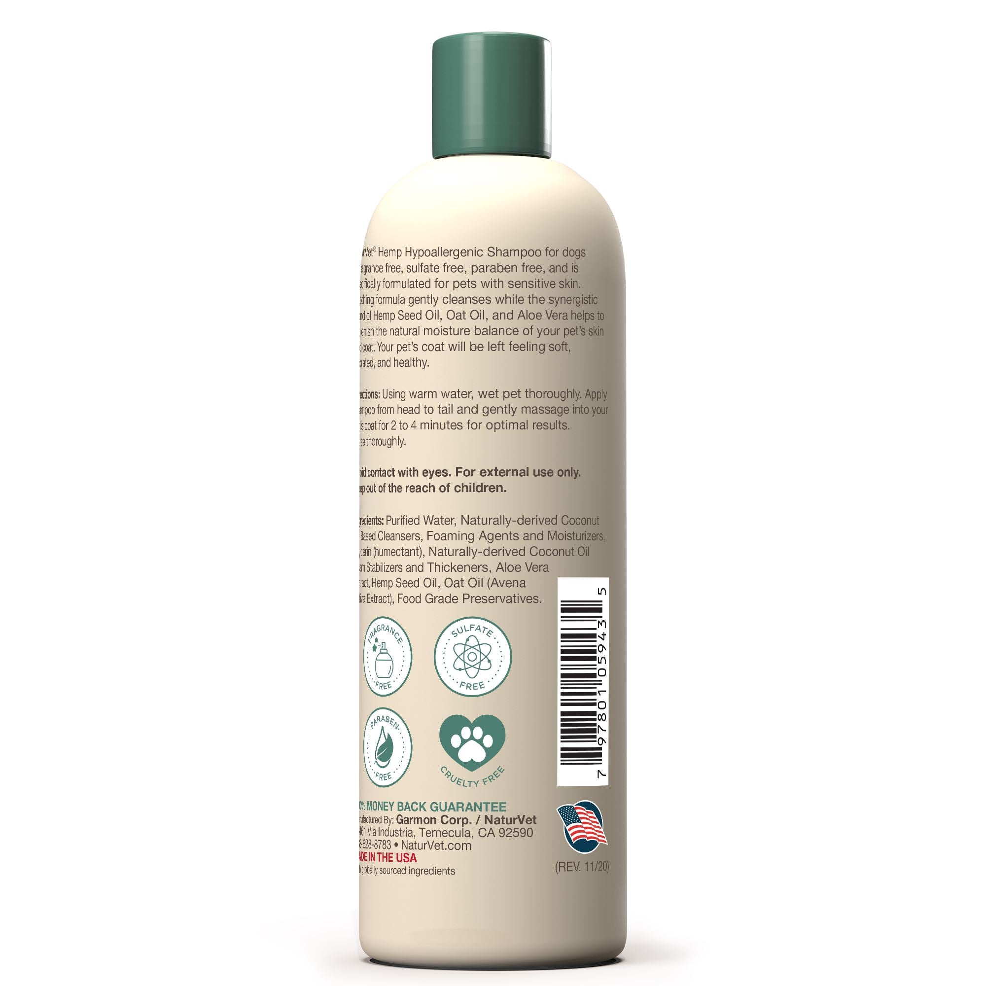 Naturvet Hemp Hypoallergenic Shampoo with Oat Oil & Aloe Vera - 16 oz  