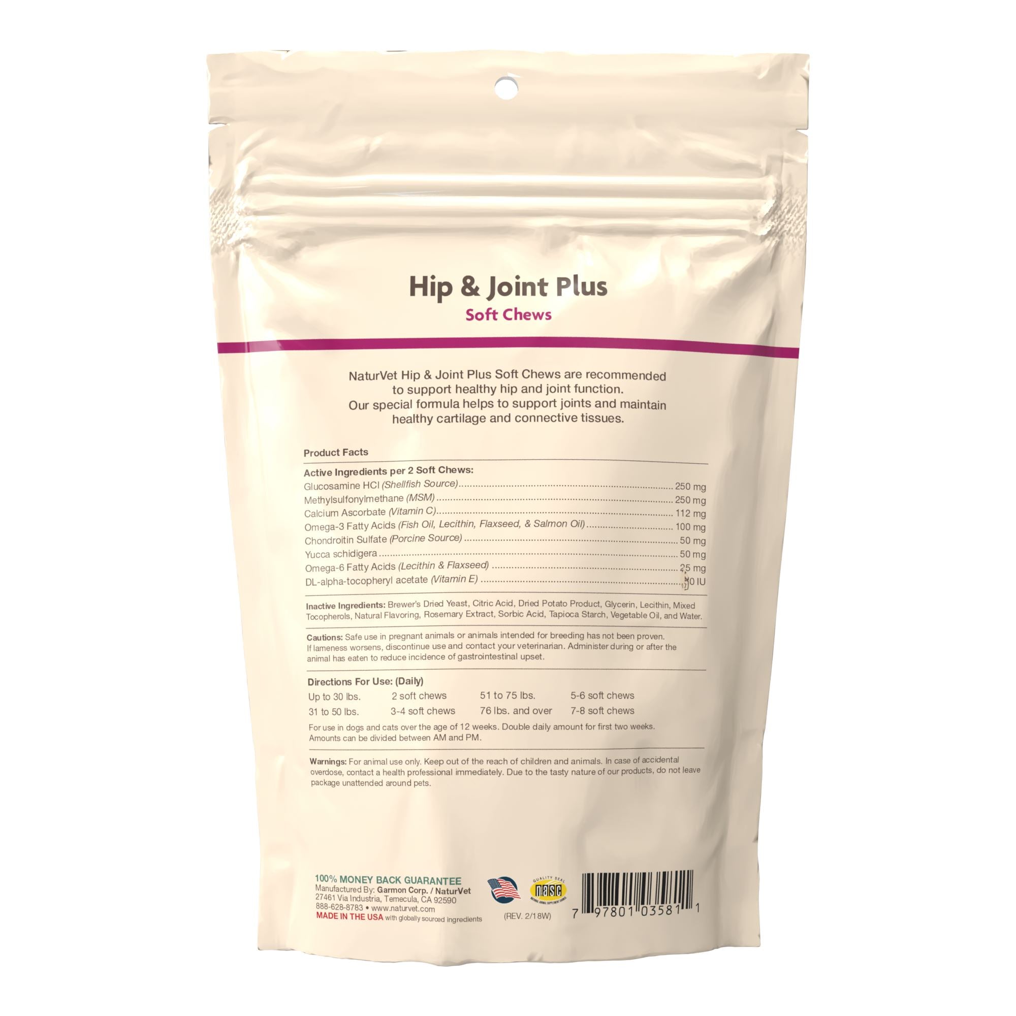 Naturvet Hip & Joint Plus Soft Chew Dog Supplements - 120 ct Bag  