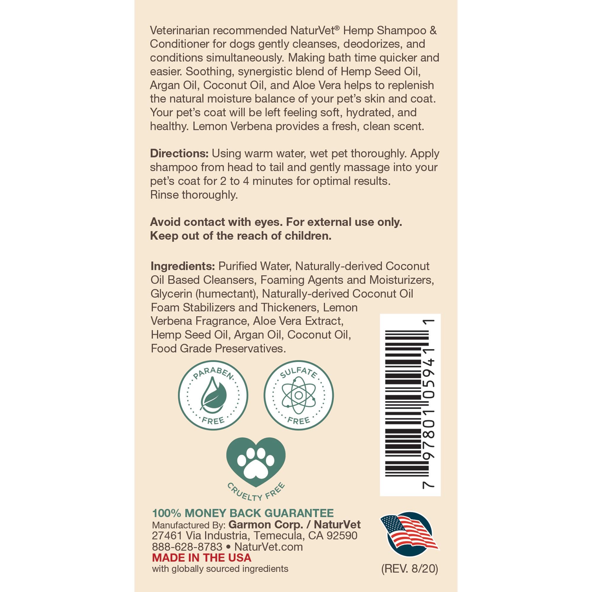 Naturvet Skin and Coat Hemp Dog Shampoo & Conditioner 2 in 1 with Argan & Coconut Oil - 16 oz  