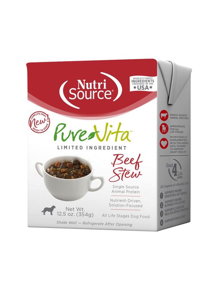 Nutrisource Pure Vita Beef Stew Tetra Packs Wet Dog Food - 12.5 oz - Case of 12