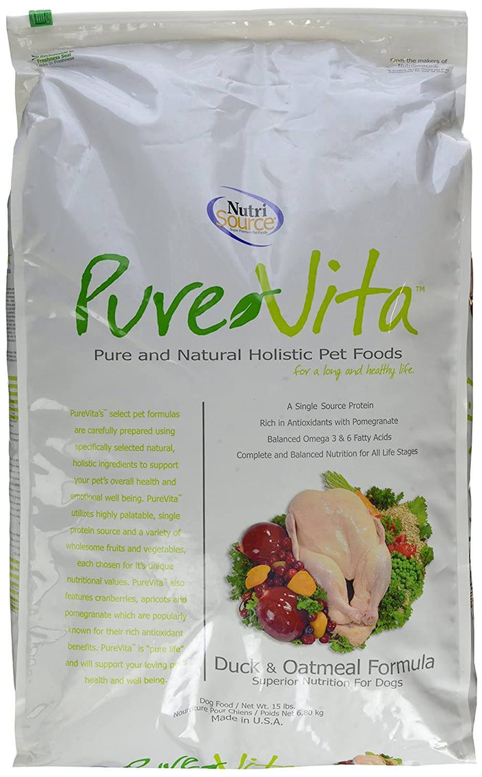 Nutrisource Pure Vita Duck & Oatmeal Dry Dog Food - 15 lb Bag