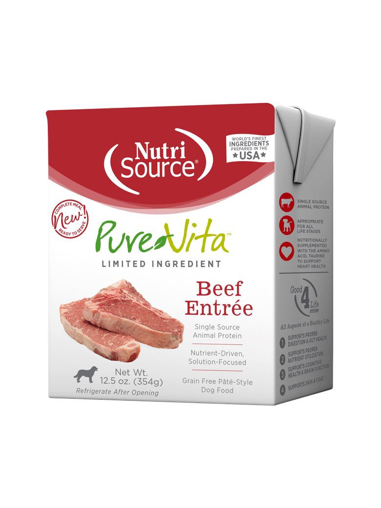 Nutrisource Pure Vita Grain-Free Beef Entrée Tetra Packs Wet Dog Food - 12.5 oz - Case of 12  
