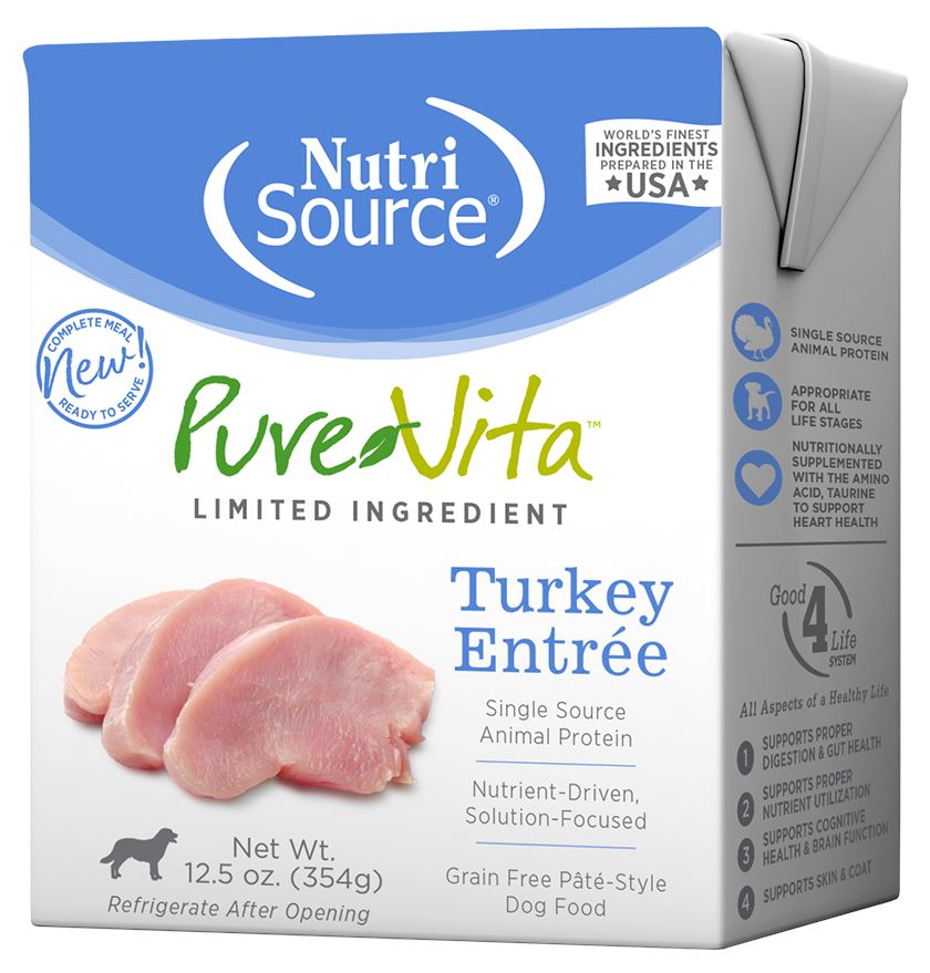 Nutrisource Pure Vita Grain-Free Turkey Entrée Tetra Packs Wet Dog Food - 12.5 oz - Case of 12  