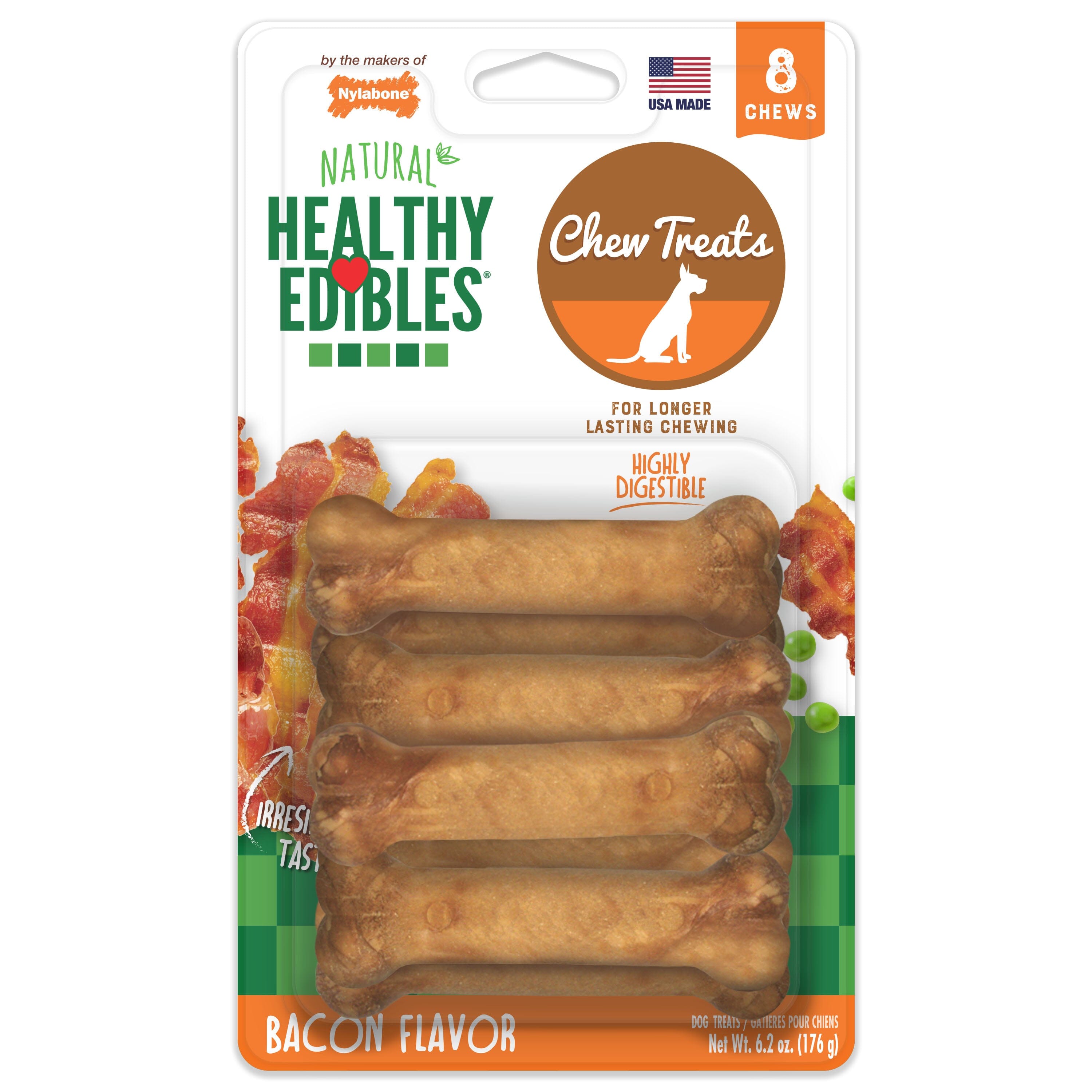 Nylabone Healthy Edibles All-Natural Long Lasting Bacon Flavor Chew Treats 8 Count Bacon - Extra Small/Petite  