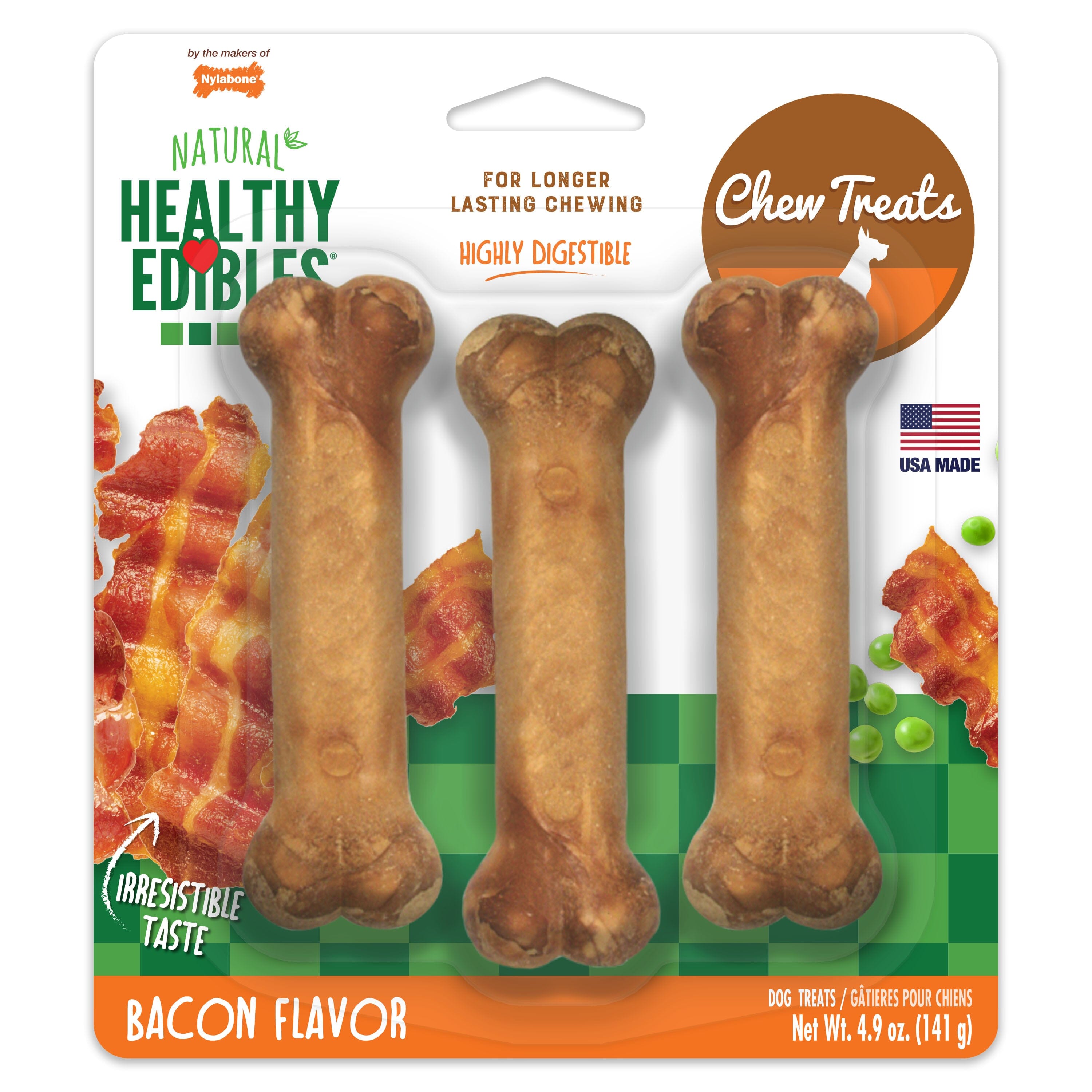 Nylabone Healthy Edibles All-Natural Long Lasting Bacon Flavor Chew Treats - Bacon - Small/Regular - 3 Count  