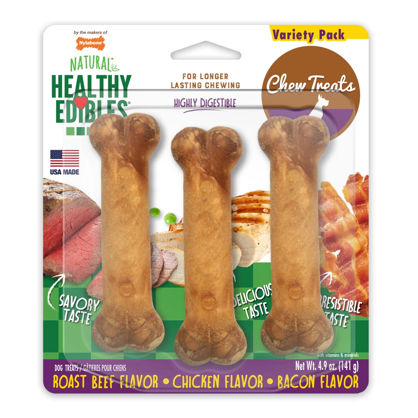 Nylabone Healthy Edibles All-Natural Long Lasting Chew Treats Variety Pack - Small/Regular - Up To 25 lb - 3 Count  