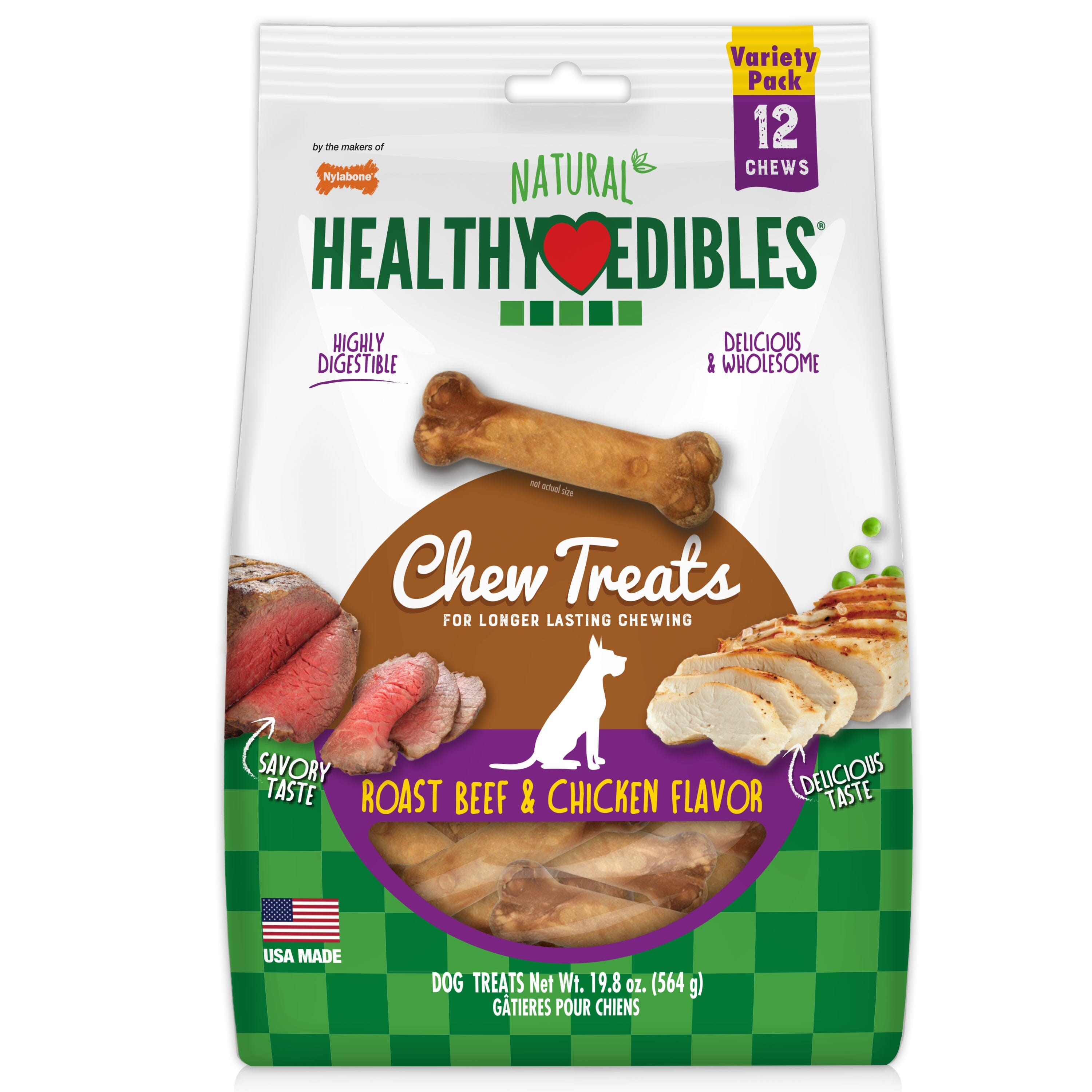 Nylabone Healthy Edibles All-Natural Long Lasting Roast Beef and Chicken Flavor Chew Treats Variety Pack - Small/Regular - 12 Count  