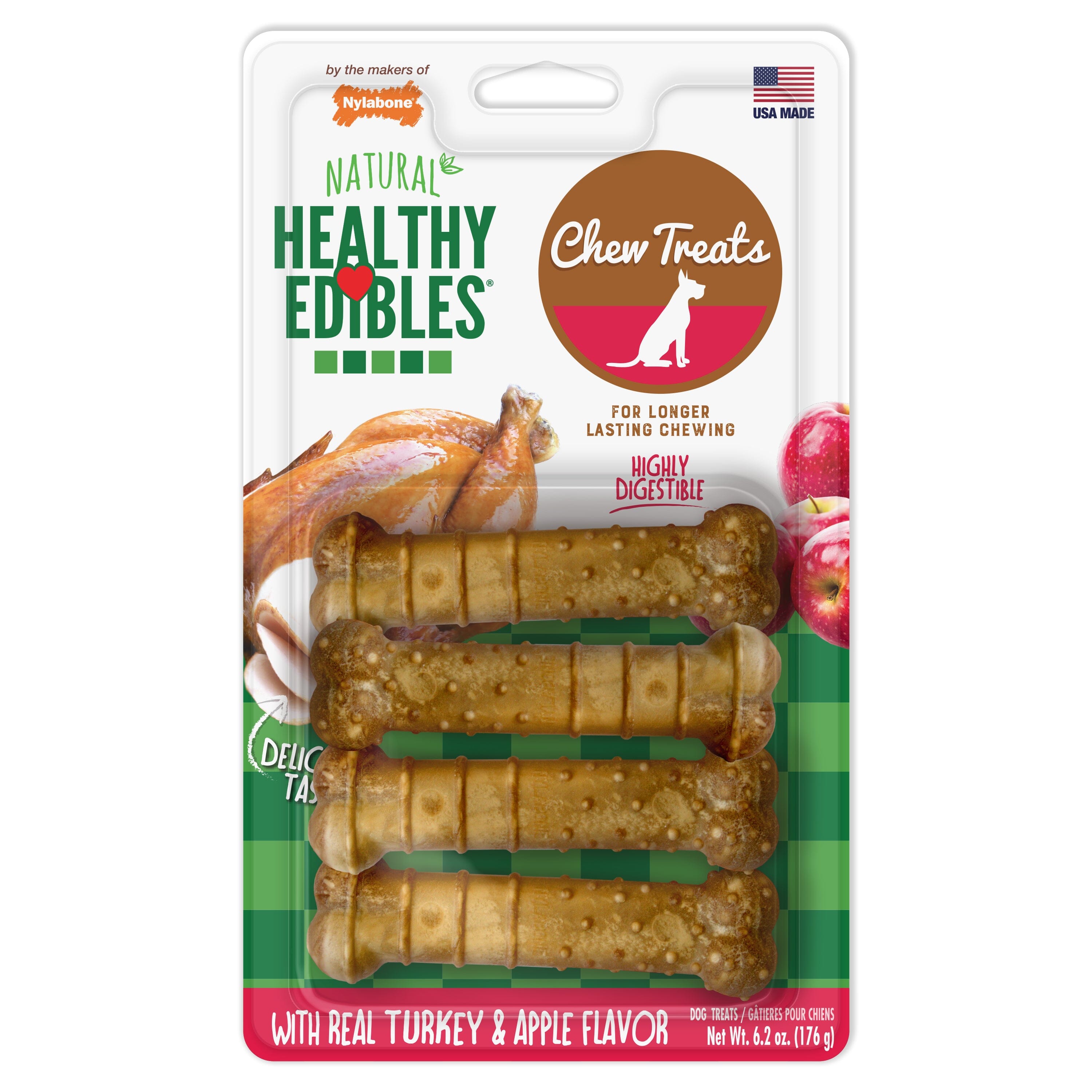 Nylabone Healthy Edibles All-Natural Long Lasting Turkey & Apple Dog Chew Treats Turkey & Apple - Small/Regular - 4 Count  