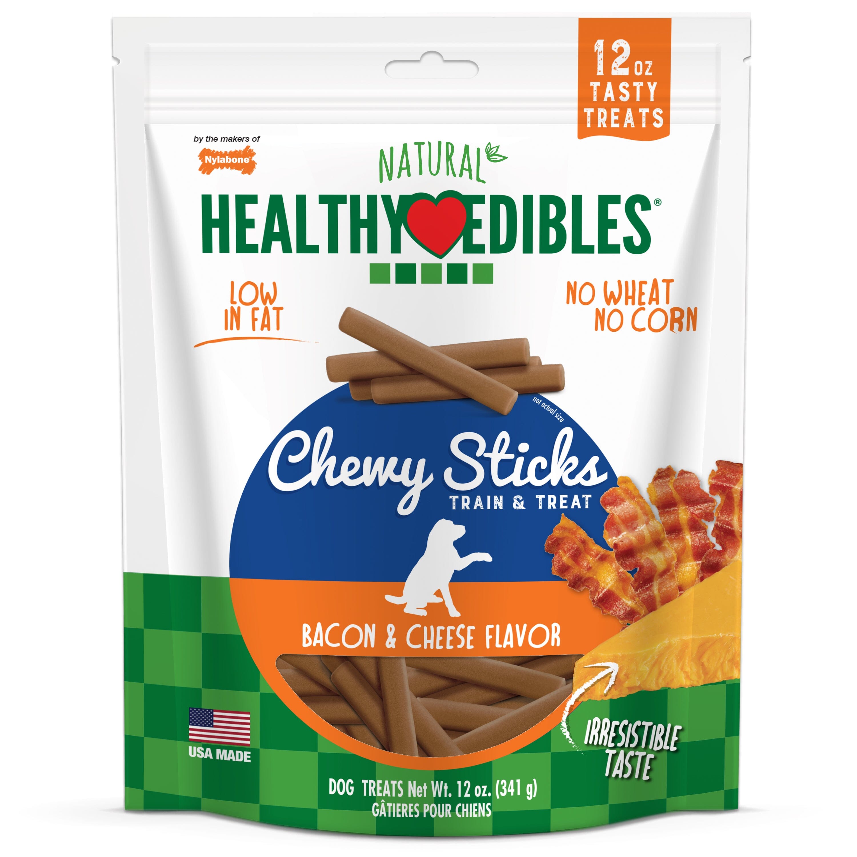 Nylabone Healthy Edibles Chewy Sticks Dog Training Treats Bacon & Cheese - 12 Oz  