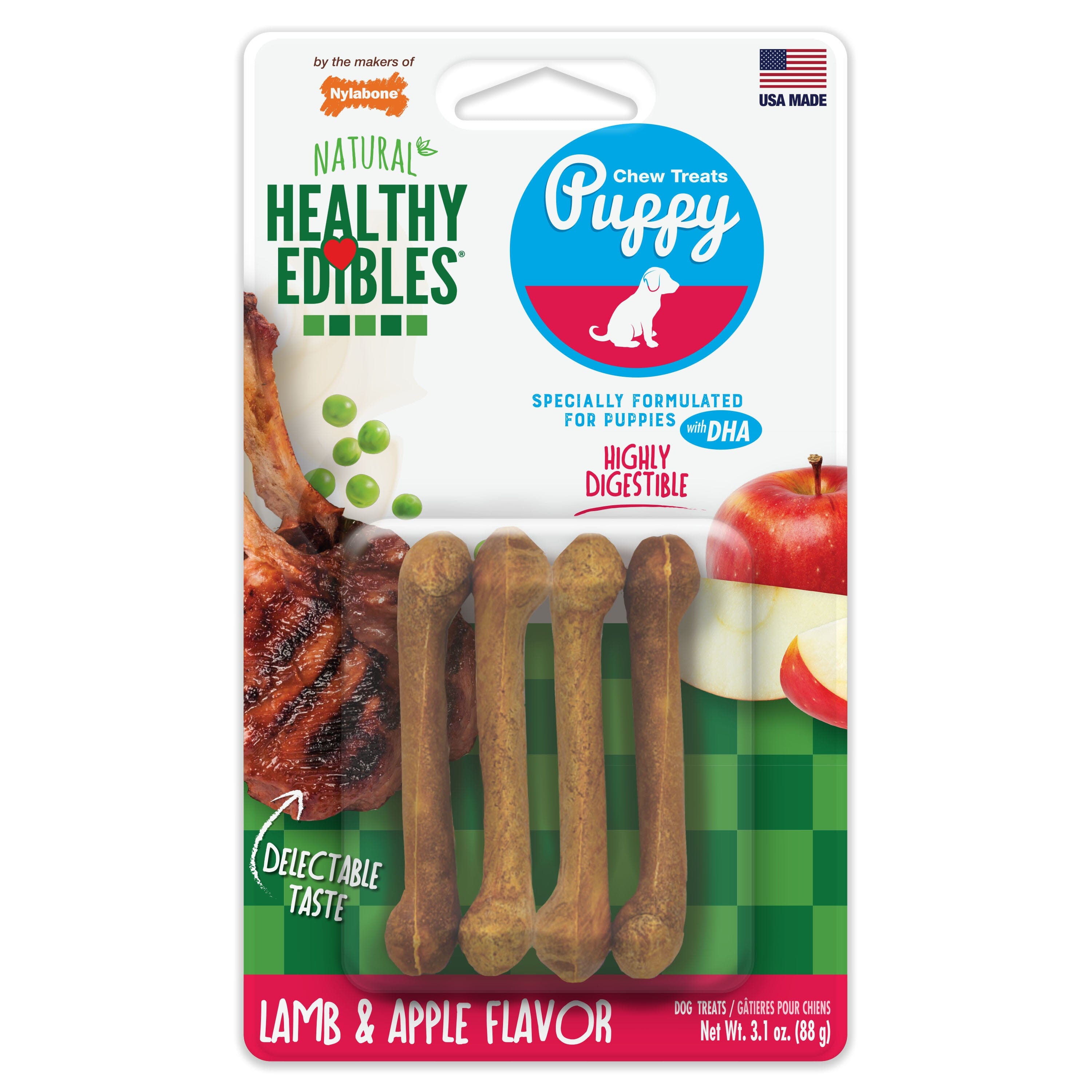 Nylabone Healthy Edibles Puppy Natural Long Lasting Dog Chew Treats Lamb & Apple - Extra Small/Petite - 4 Count  