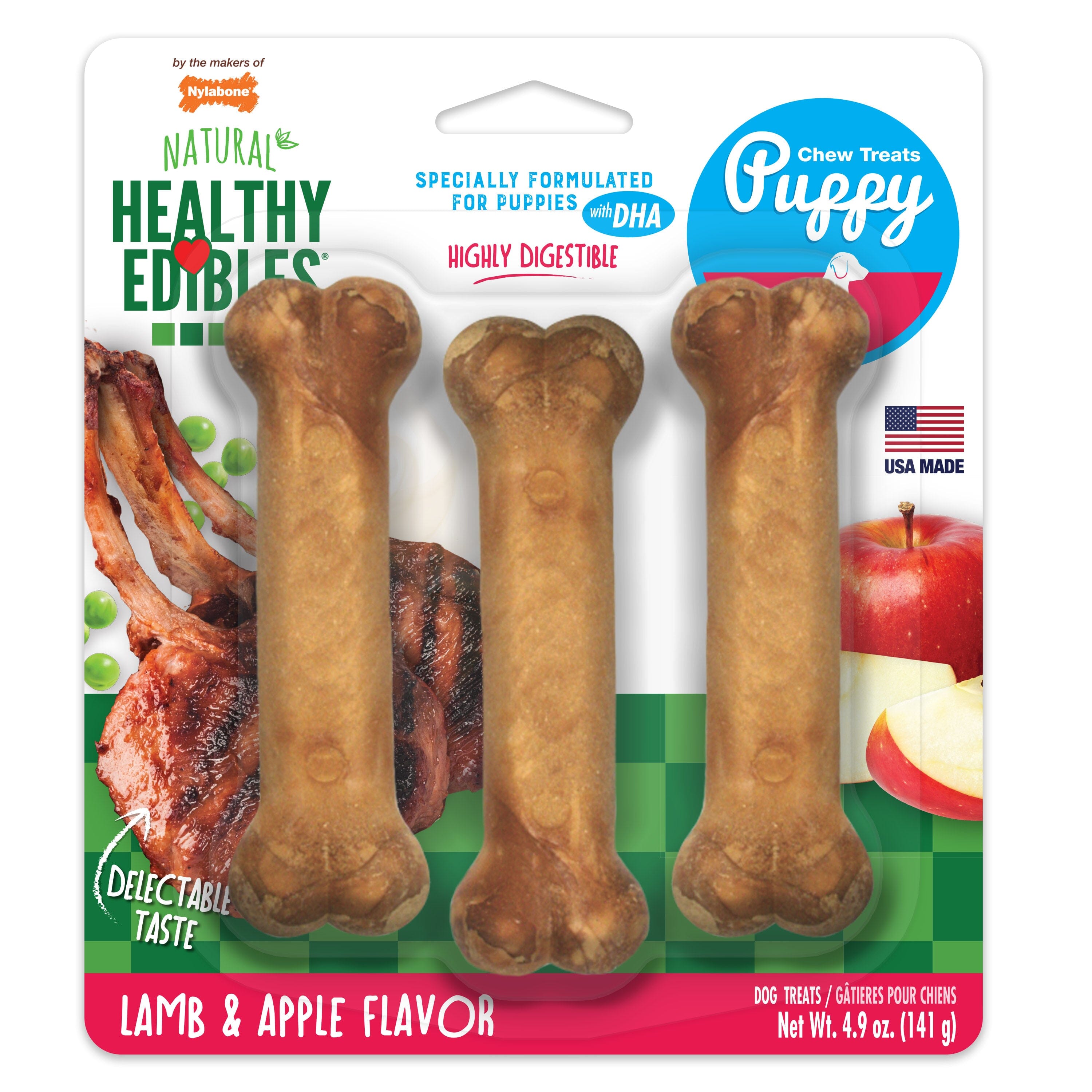 Nylabone Healthy Edibles Puppy Natural Long Lasting Dog Chew Treats Lamb & Apple - Small/Regular - 3 Count  