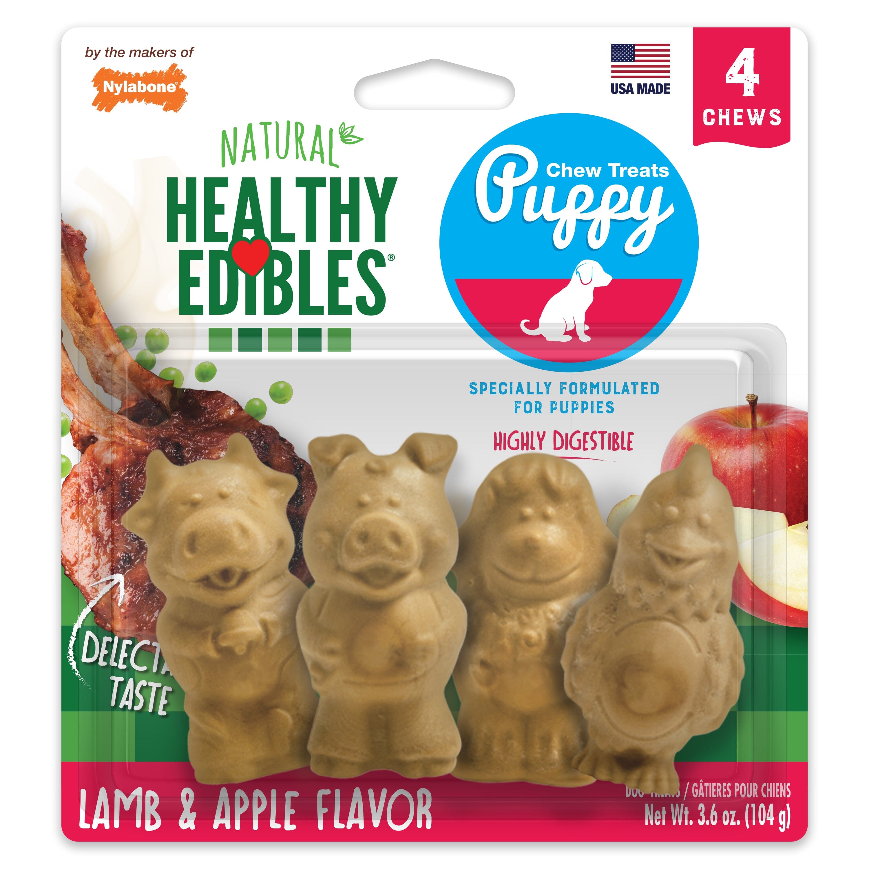 Nylabone Healthy Edibles Puppy Natural Long Lasting Dog Chew Treats Lamb & Apple - Small/Regular - 4 Count  