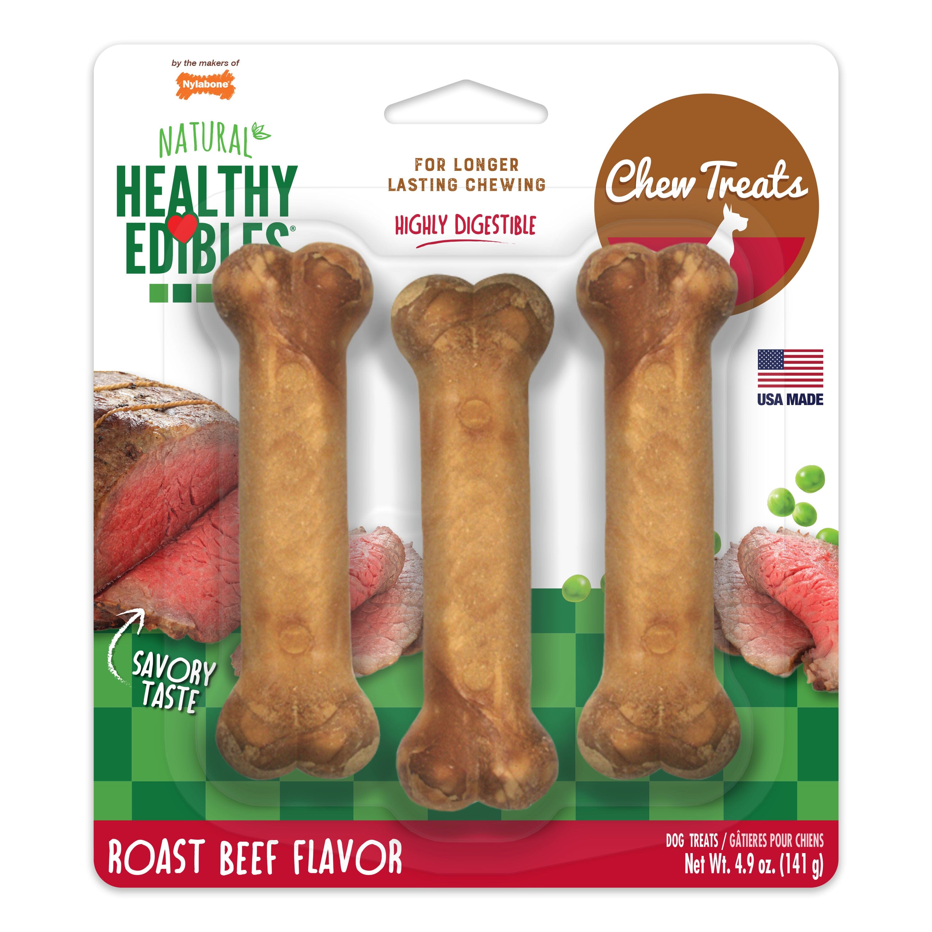 Nylabone Healthy Edibles Roast Beef Flavor Chew Treats for Dog Roast Beef - Small/Regular - 3 Count  