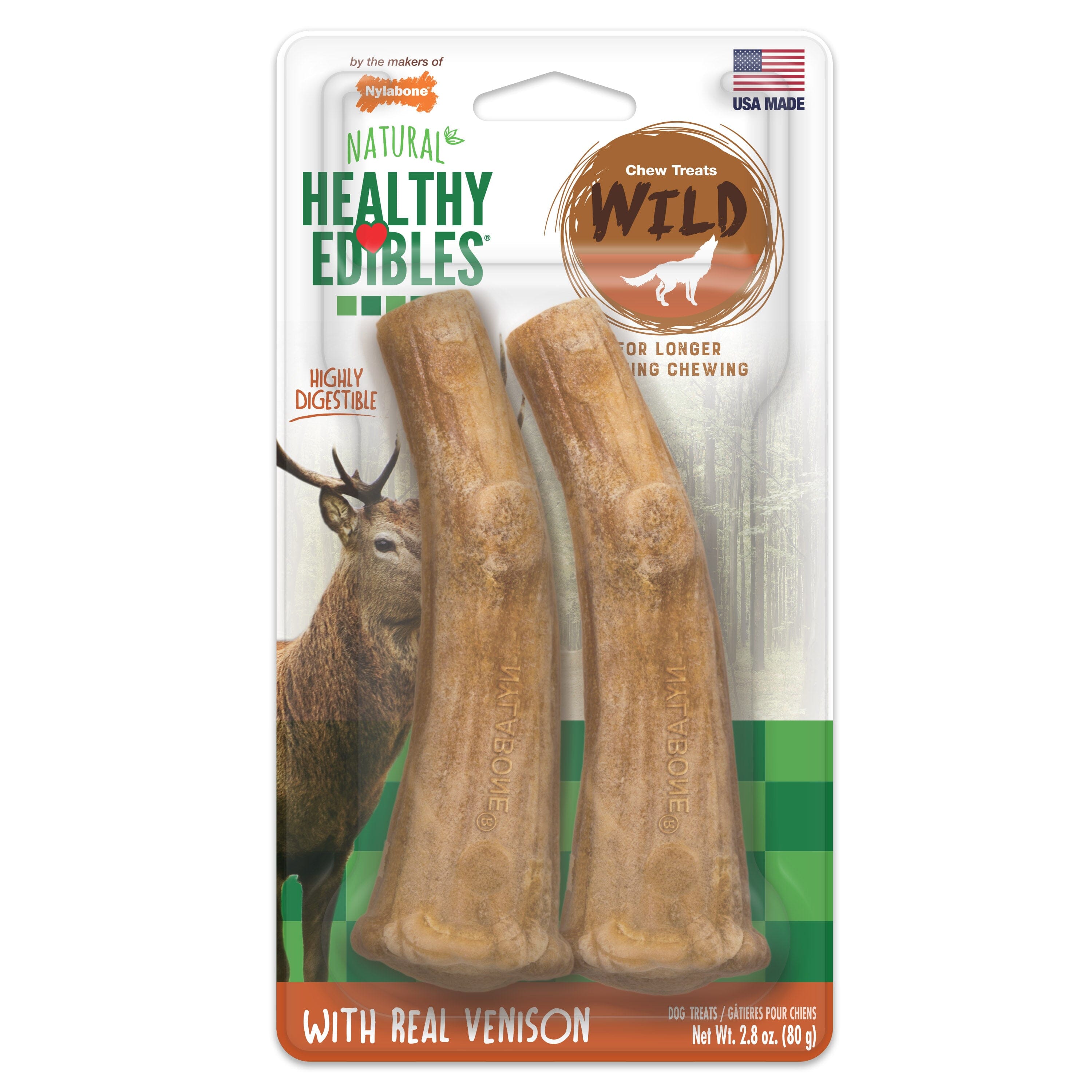 Nylabone Healthy Edibles WILD Antler Natural Long Lasting Venison Flavor Dog Chew Treats Antler - Medium/Wolf - 2 Count  