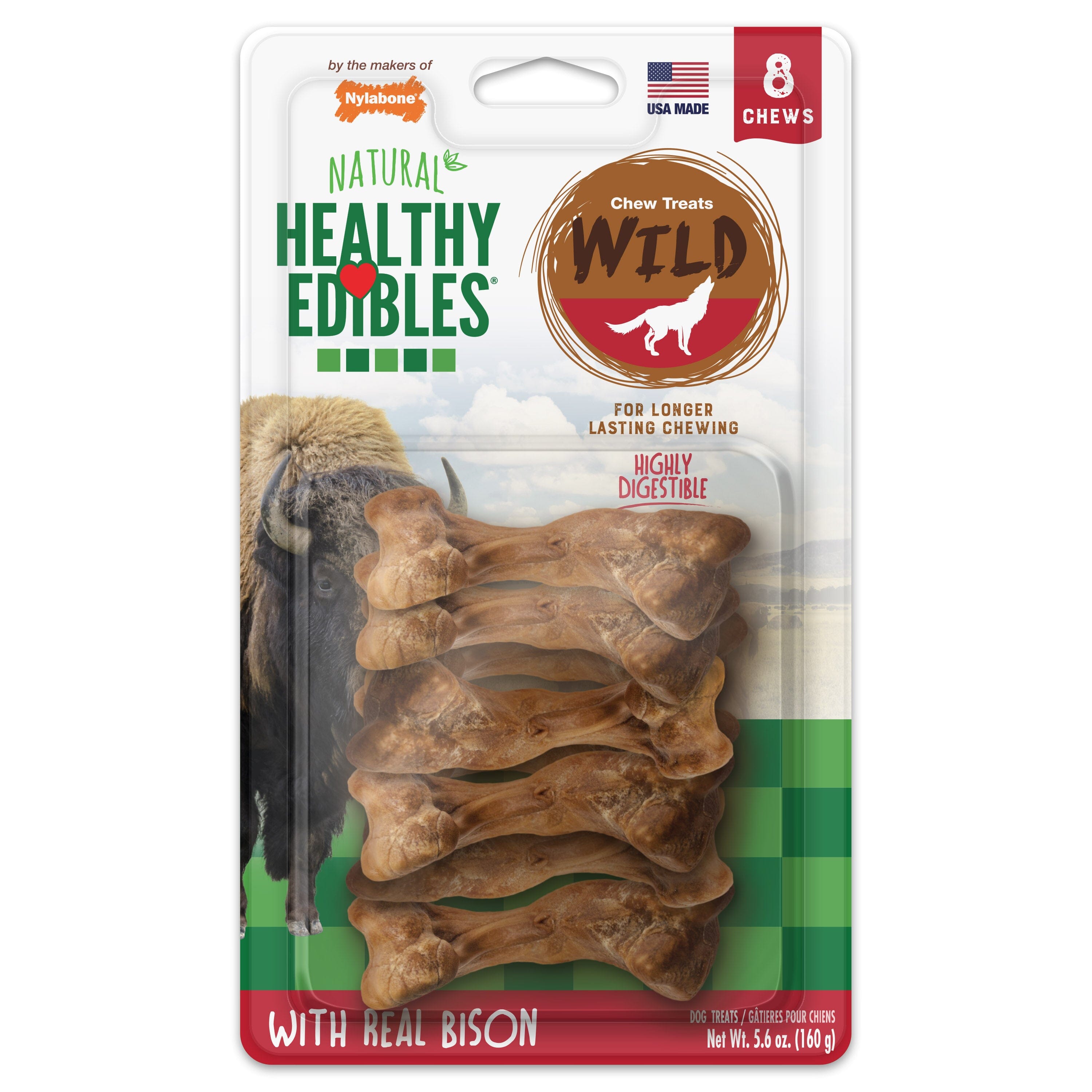 Nylabone Healthy Edibles WILD Natural Long Lasting Bison Flavor Dog Chew Treats Wild Bone - Small/Regular - 8 Count  