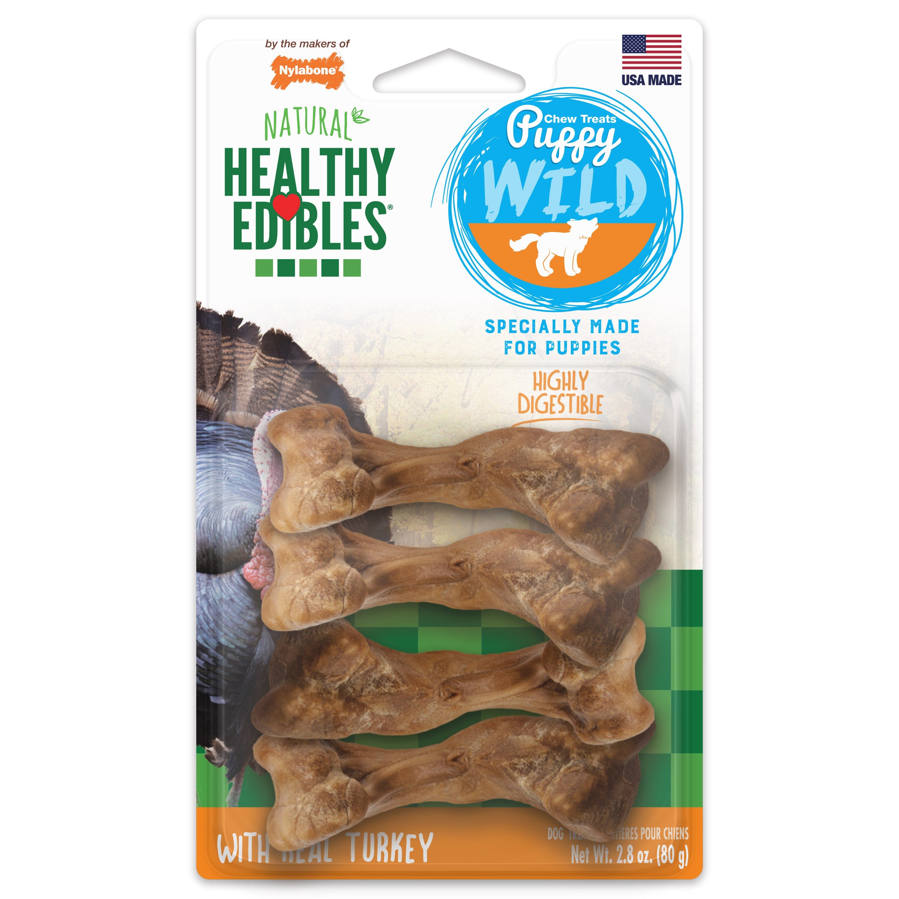 Nylabone Healthy Edibles WILD Puppy Natural Long Lasting Turkey Dog Chew Treats Puppy Wild Bone - Small/Regular - 4 Count  