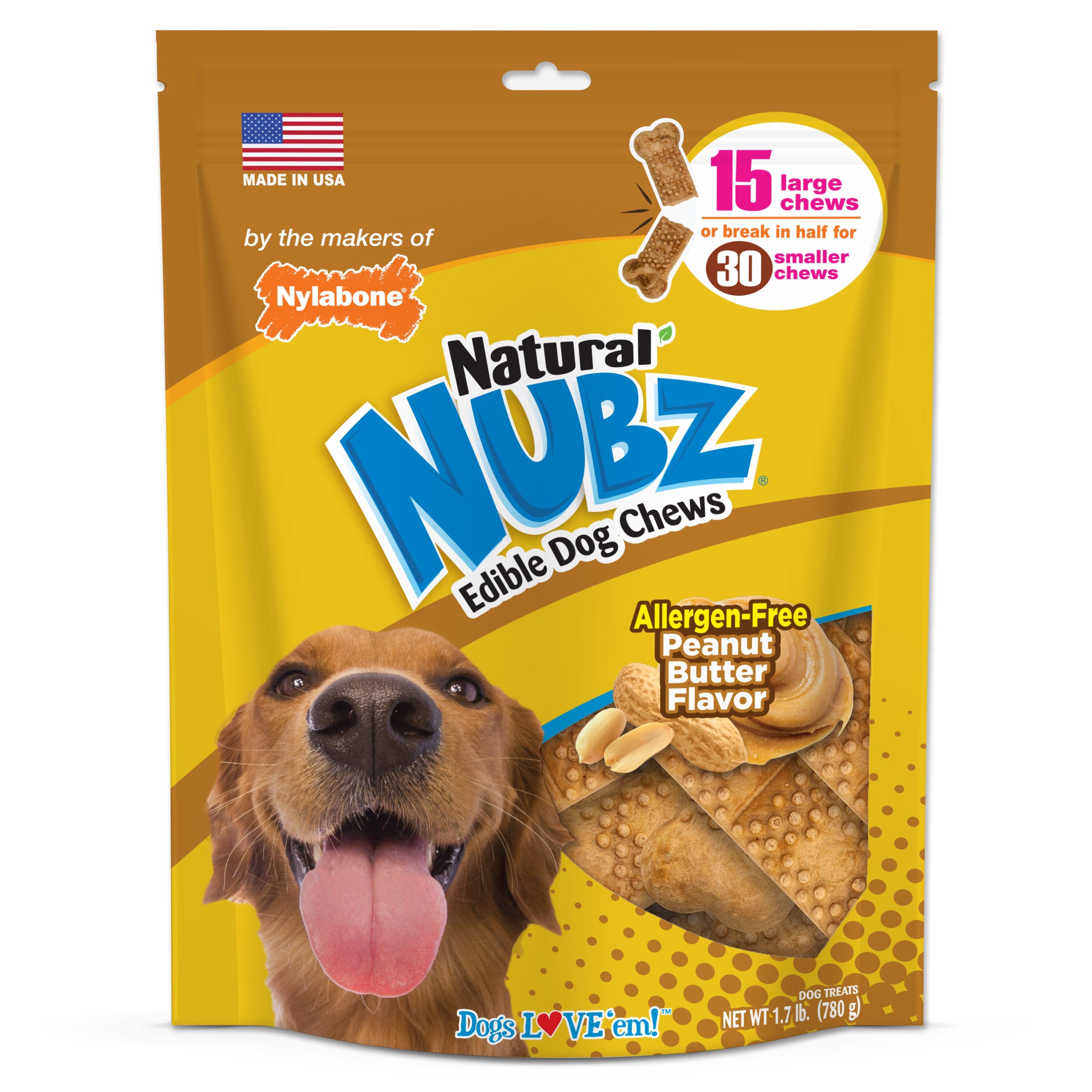 Nylabone Nubz Natural Dog Treats – Allergen-Free Peanut Butter Flavor 15 Count - Large  