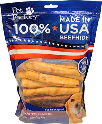 Pet Factory 100% Made In USA Beefhide Chip Rolls Natural Dog Chews - Assorted - 5 In - 18 Pack  