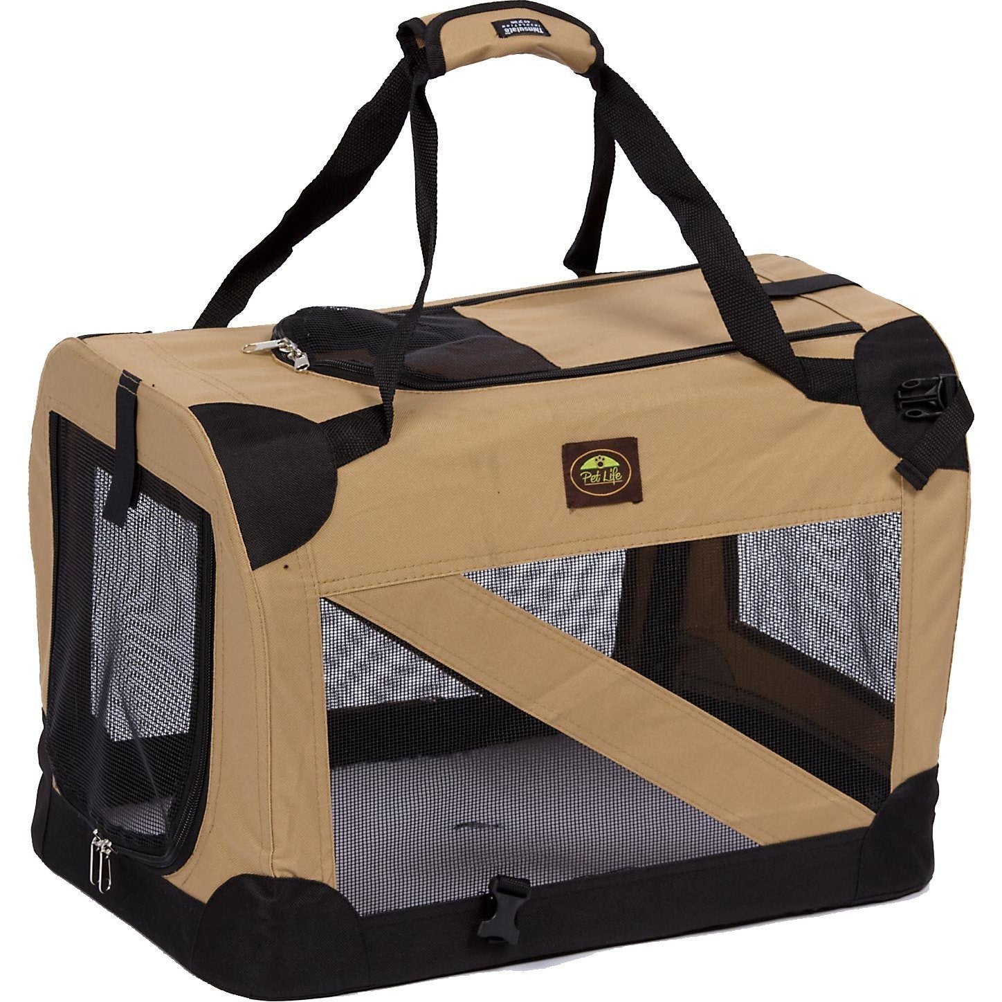 Pet Life ® '360° Vista View' Zippered Soft Folding Collapsible Durable Metal Framed Pet Dog Crate House Carrier X-Small Khaki