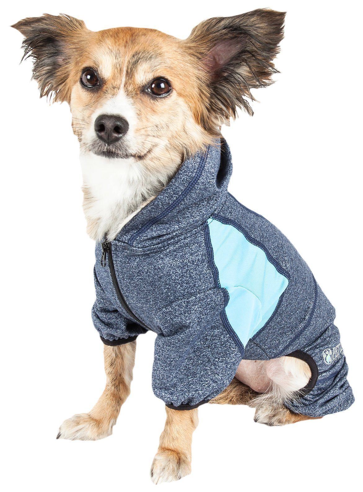 Pet Life ®  Active 'Fur-Breeze' Medium-weight 4-Way-Stretch Full Body Hooded Dog Yoga sweater  