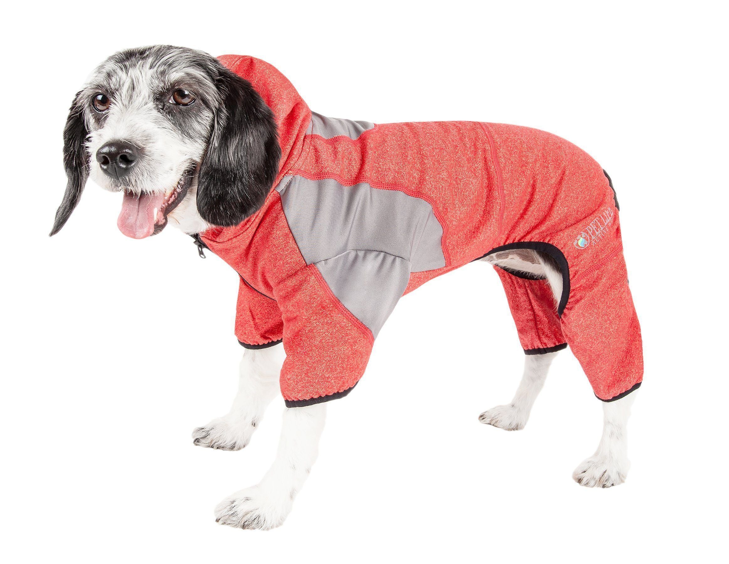 Pet Life ®  Active 'Fur-Breeze' Medium-weight 4-Way-Stretch Full Body Hooded Dog Yoga sweater X-Small Fire Red And Light Gray