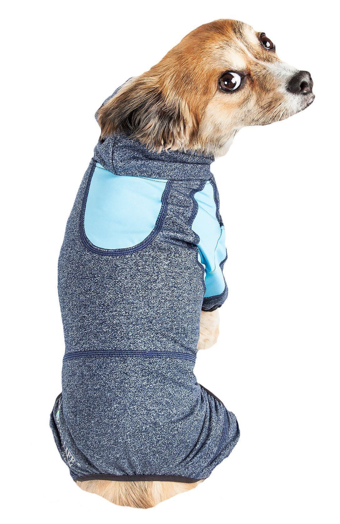 Pet Life ®  Active 'Fur-Breeze' Medium-weight 4-Way-Stretch Full Body Hooded Dog Yoga sweater  