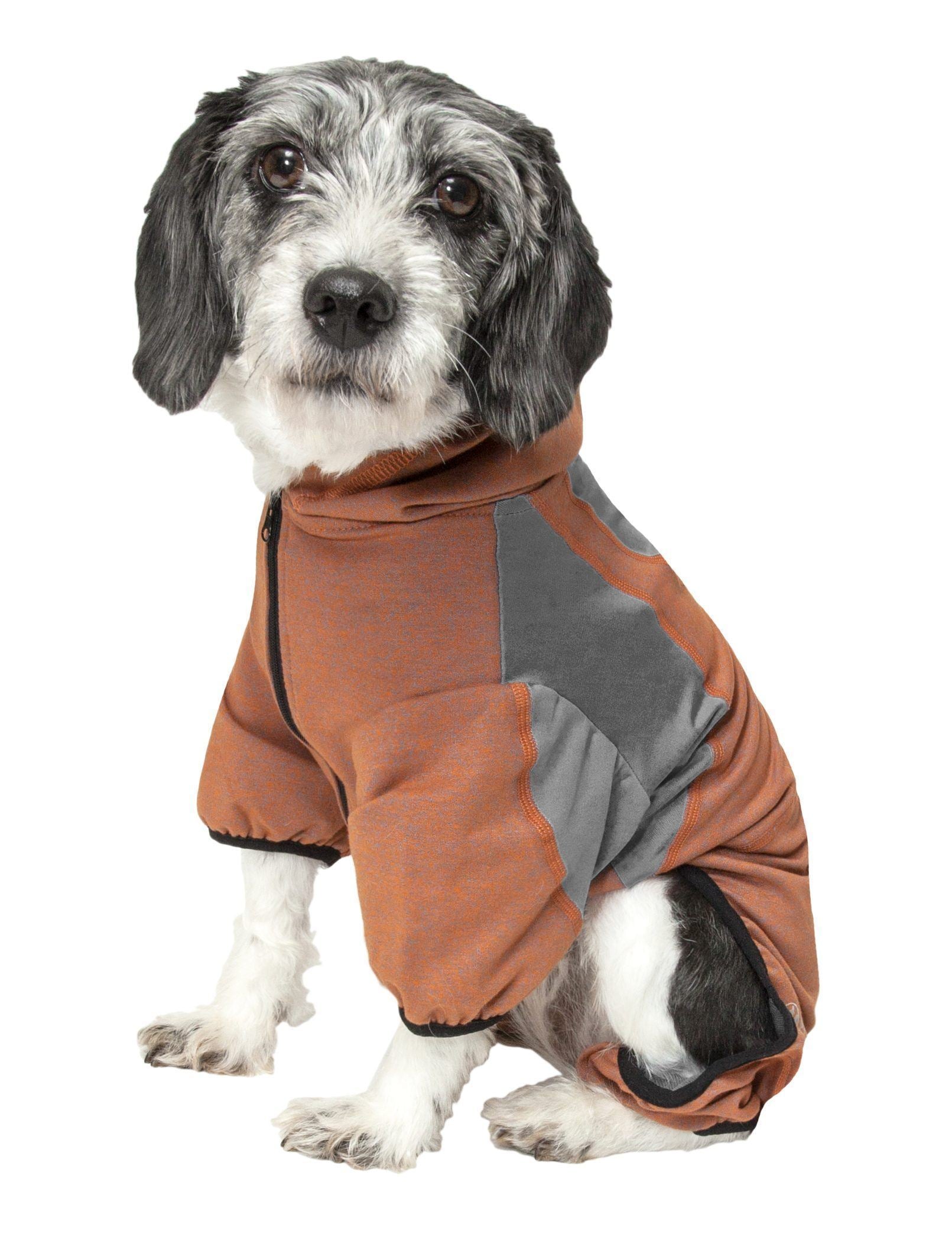 Pet Life ®  Active 'Fur-Breeze' Medium-weight 4-Way-Stretch Full Body Hooded Dog Yoga sweater  