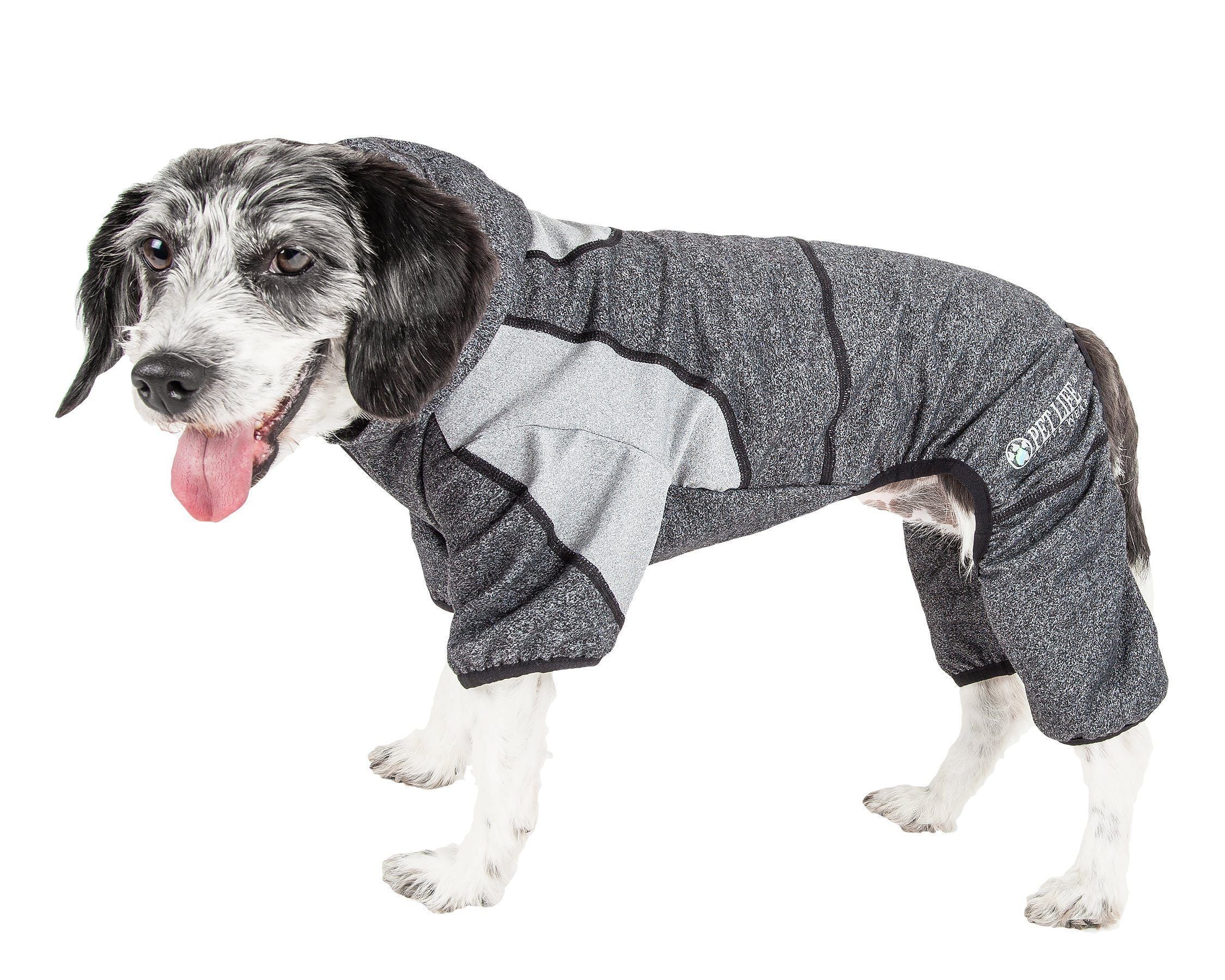 Pet Life ®  Active 'Fur-Breeze' Medium-weight 4-Way-Stretch Full Body Hooded Dog Yoga sweater X-Small Black And Gray