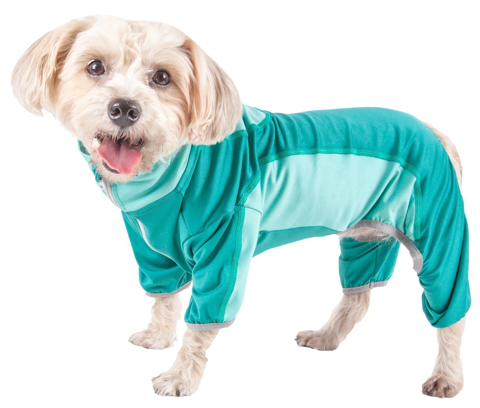 Pet Life ® Active 'Warm-Pup' Stretchy and Quick-Drying Fitness Dog Yoga Warm-Up Tracksuit X-Small Aqua Green And Green