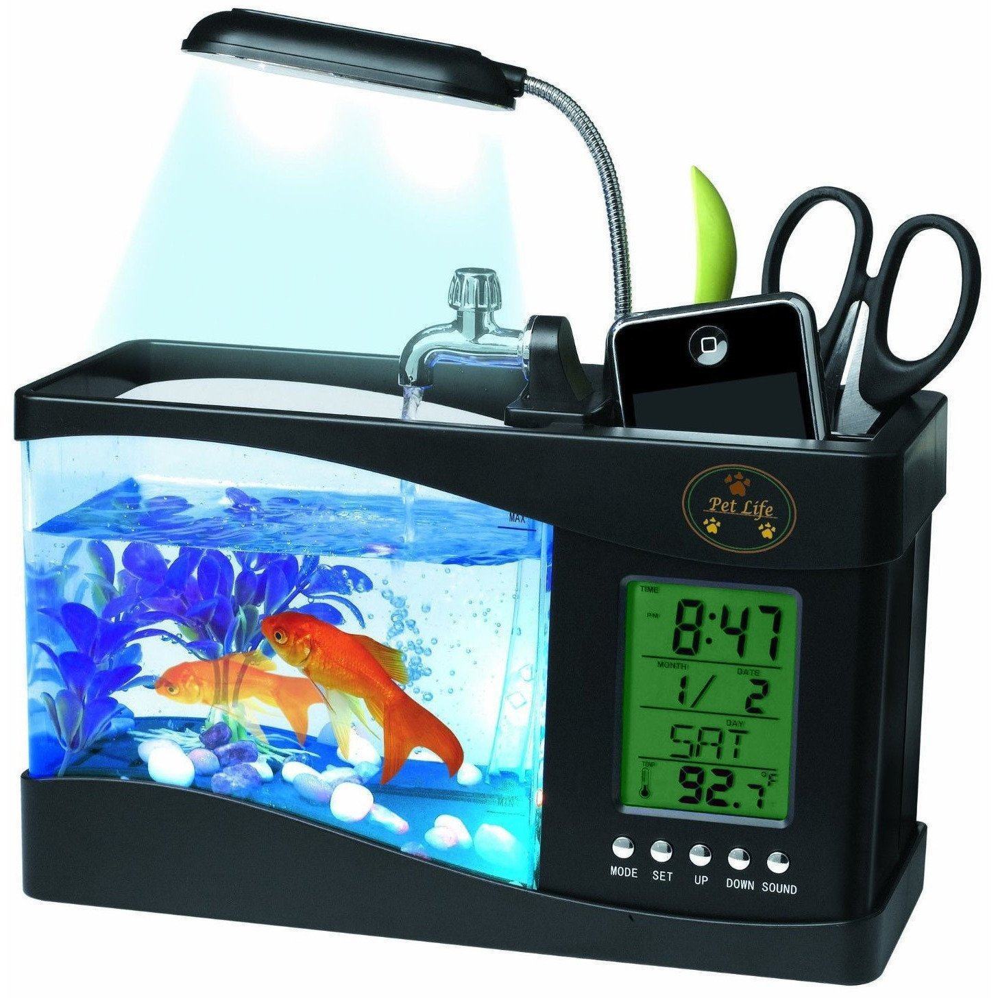 Pet Life ® All-In-One Digital Desktop Aquarium and Stationary Office Organizer Black 