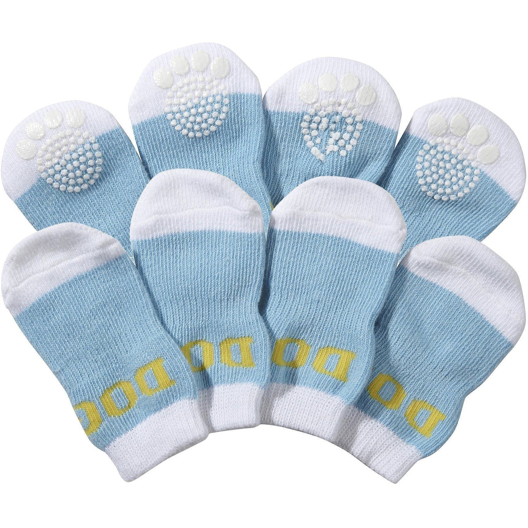 Pet Life ® Anti-Slip Rubberized Gripped Breathable Stretch Pet Dog Socks - Set of 4 Small Blue & White
