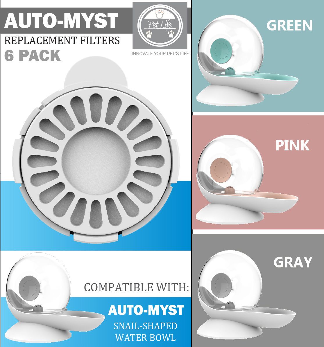 Pet Life ® 'Auto-Myst' 2-in-1 Filtered Water Dispenser and Food Bowl - Replacement Filters - 6 Pack  