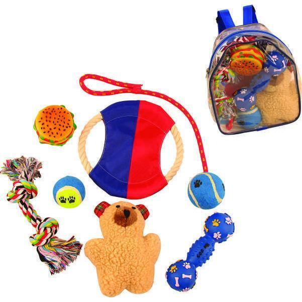 Pet Life ® 'Backpack' 8 Piece Jute Rope and Rubberized Squeak Chew Pet Dog Toy Gift Set