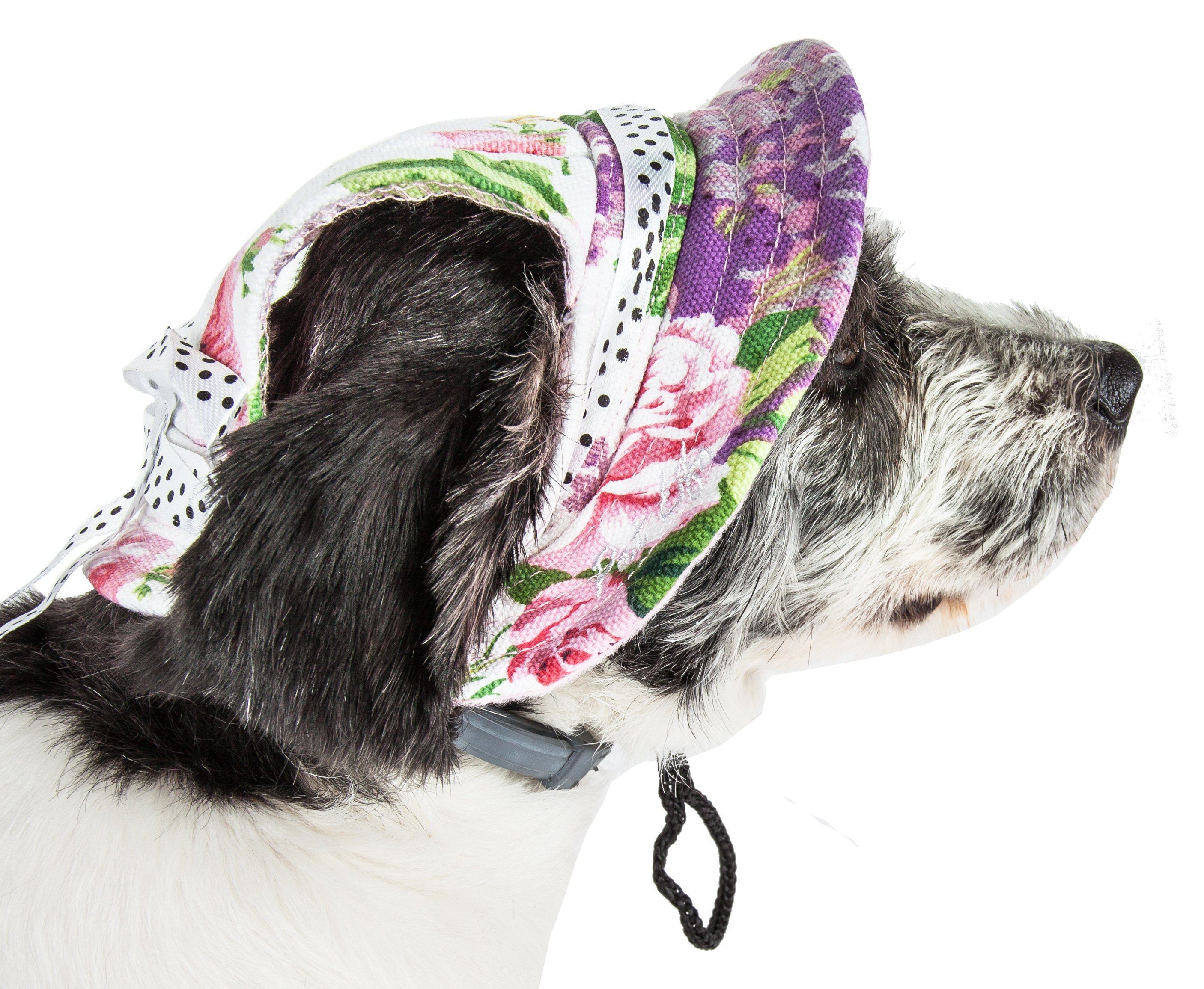 Pet Life ®  'Botanic Bark' Floral UV Protectant Adjustable Fashion Canopy Brimmed Dog Hat Cap Medium 