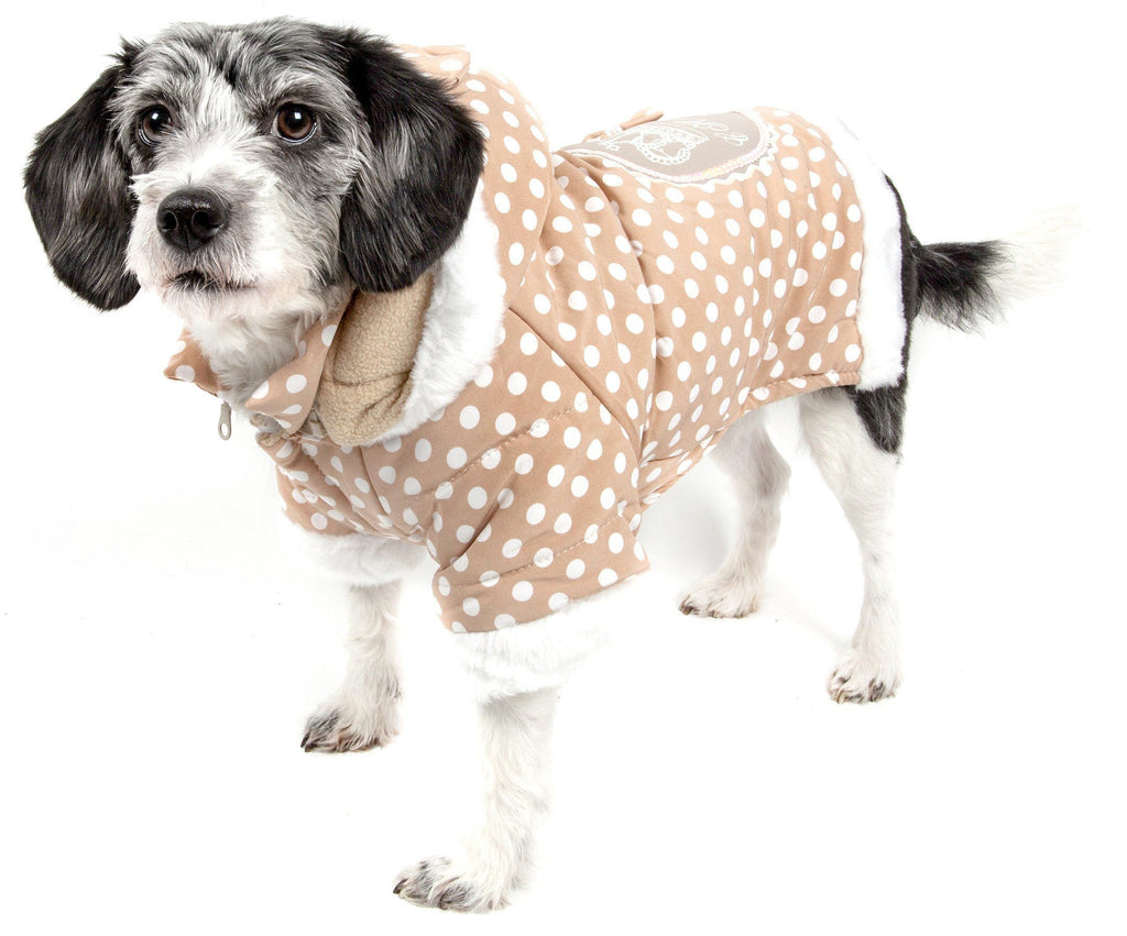 Pet Life ® 'Bow-Couture' Polka-Dot Bowed Insulated Dog Sweater Jacket X-Small Brown Polka