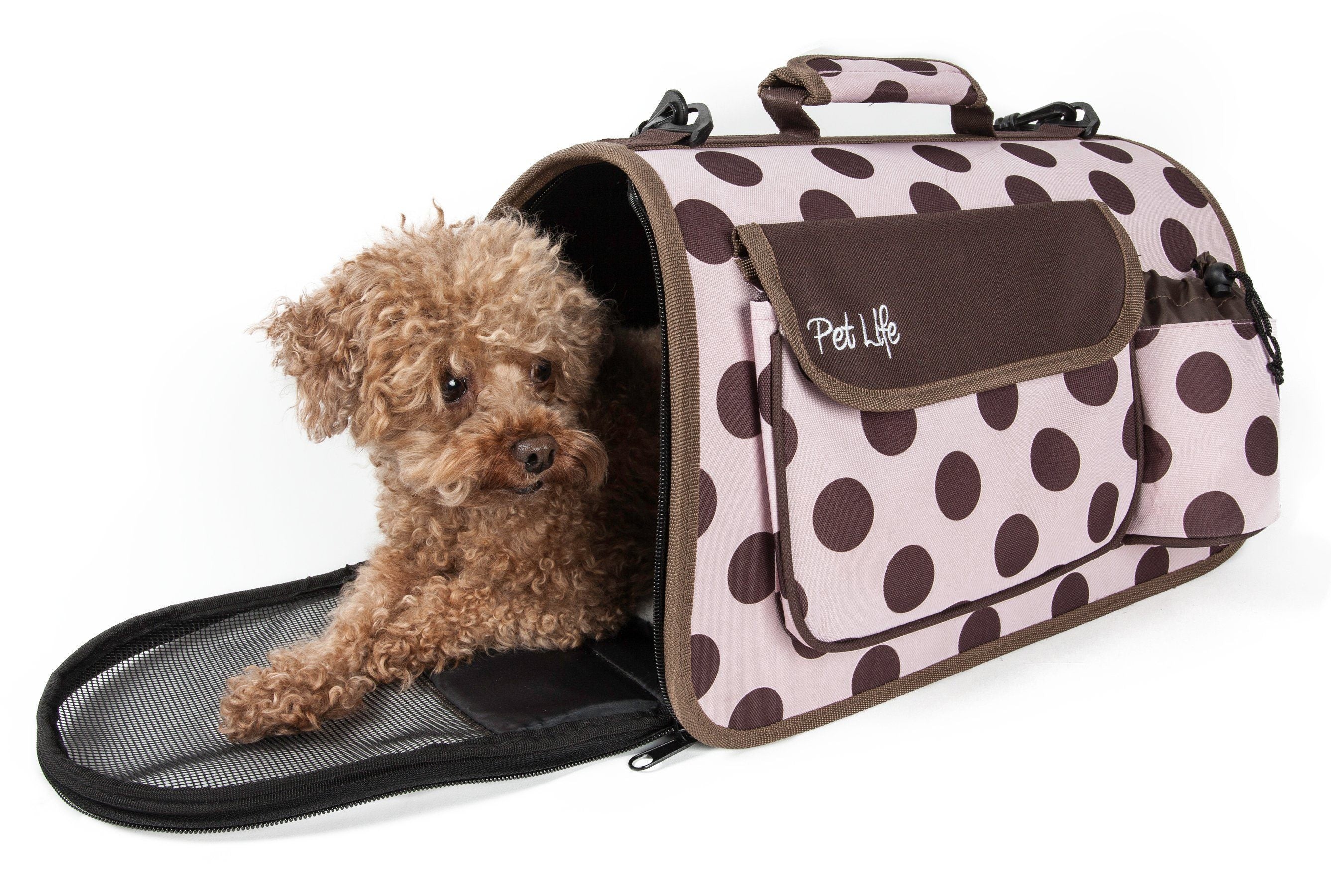Pet Life ® Casual Polka-Dotted Airline Approved Folding Zippered Collapsible Travel Pet Dog Carrier w/ Pouch  