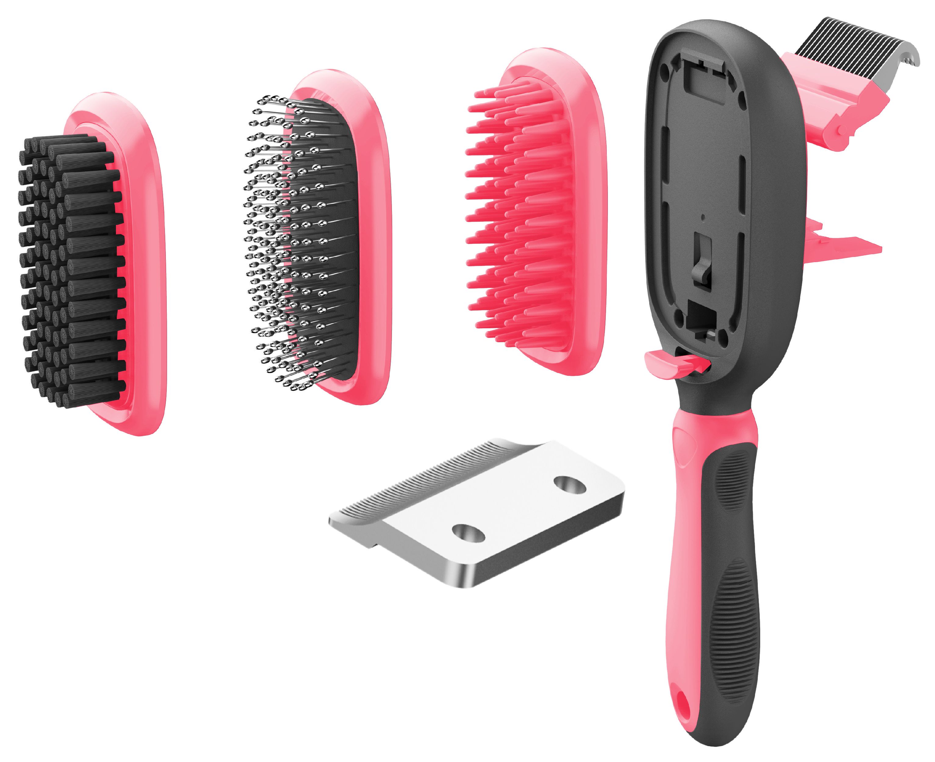 Pet Life ® 'Conversion' 5-in-1 Interchangeable Dematting and Deshedding Bristle Pin and Massage Grooming Pet Comb Pink 