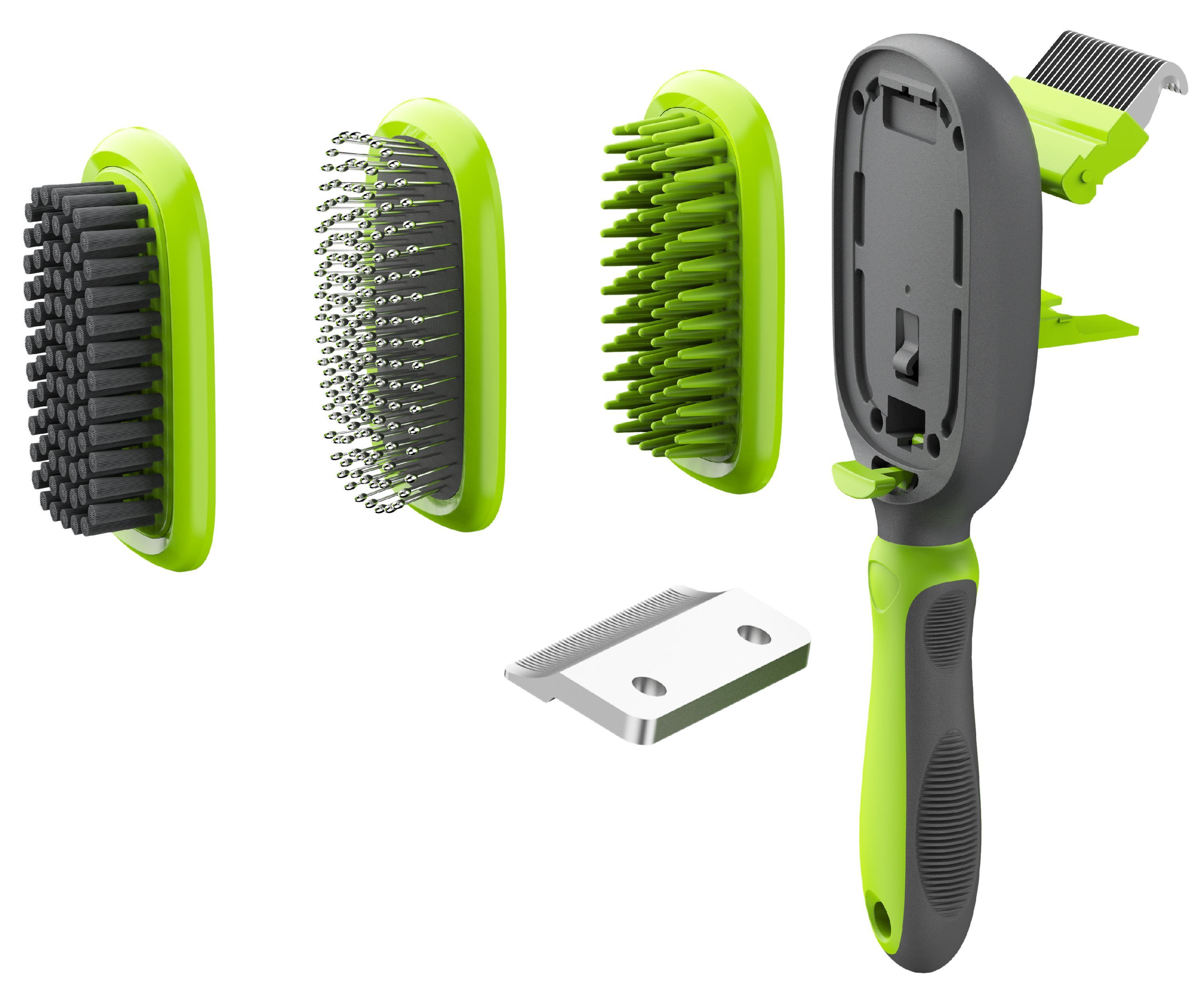 Pet Life ® 'Conversion' 5-in-1 Interchangeable Dematting and Deshedding Bristle Pin and Massage Grooming Pet Comb Green 