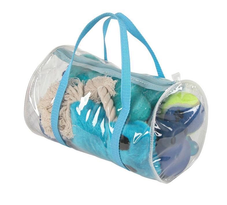 Pet Life ® 'Duffle Bag' 8 Piece Jute Rope and Rubberized Squeak Chew Pet Dog Toy Gift Set Blue 