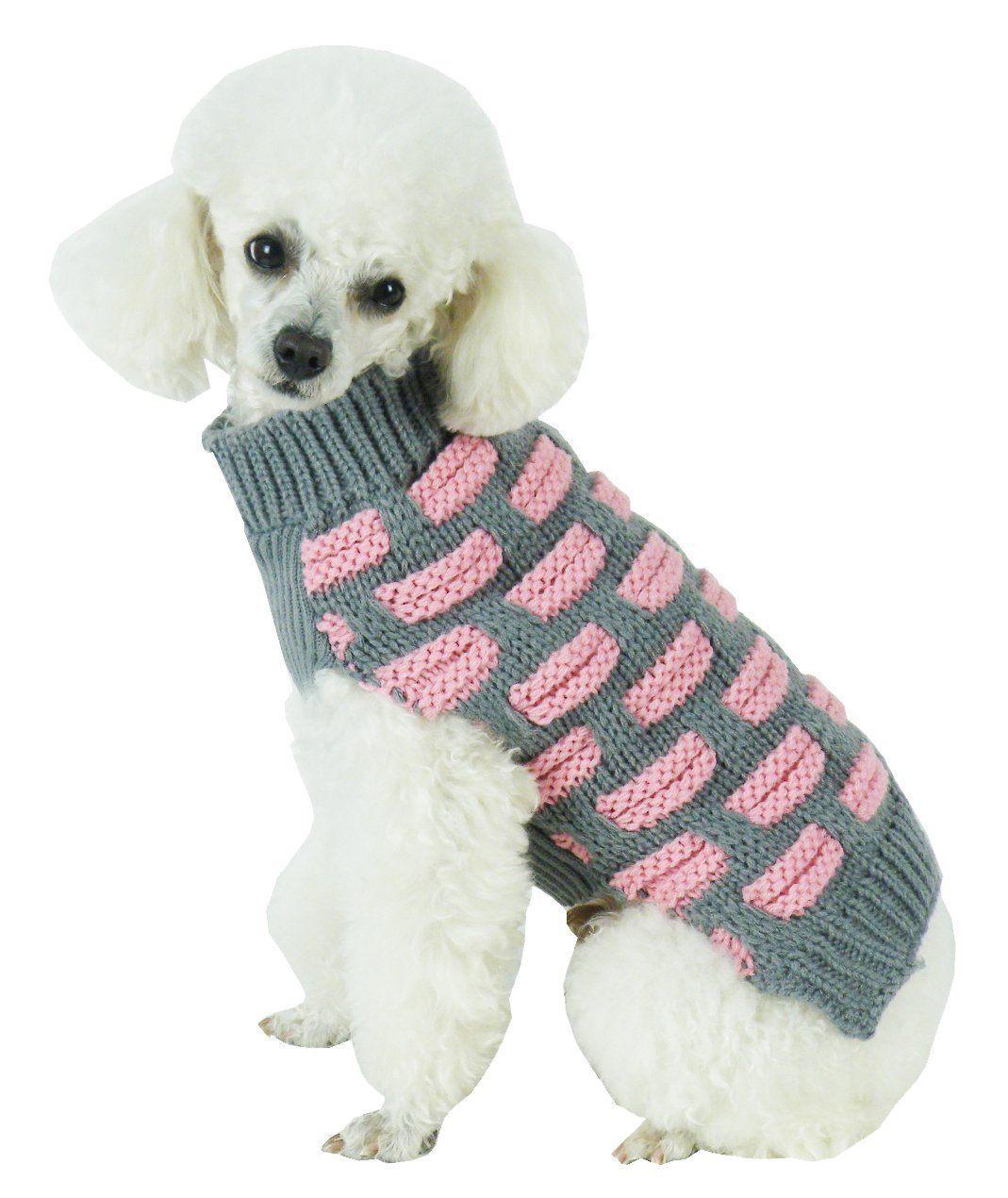 Pet Life ® Fashion Weaved Heavy Knit Designer Ribbed Turtle Neck Dog Sweater X-Small Pink And Grey