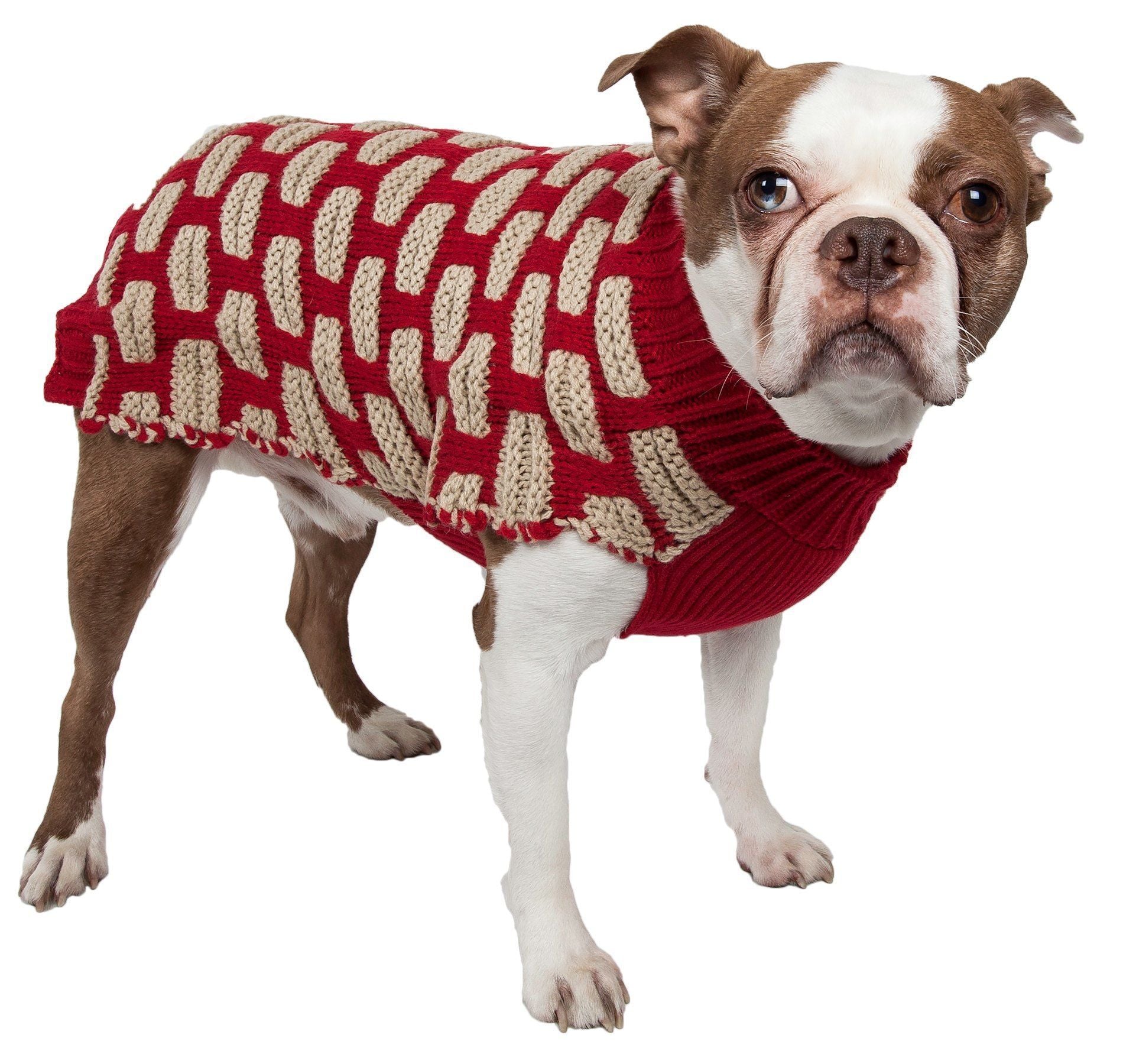 Pet Life ® Fashion Weaved Heavy Knit Designer Ribbed Turtle Neck Dog Sweater X-Small Red And Beige