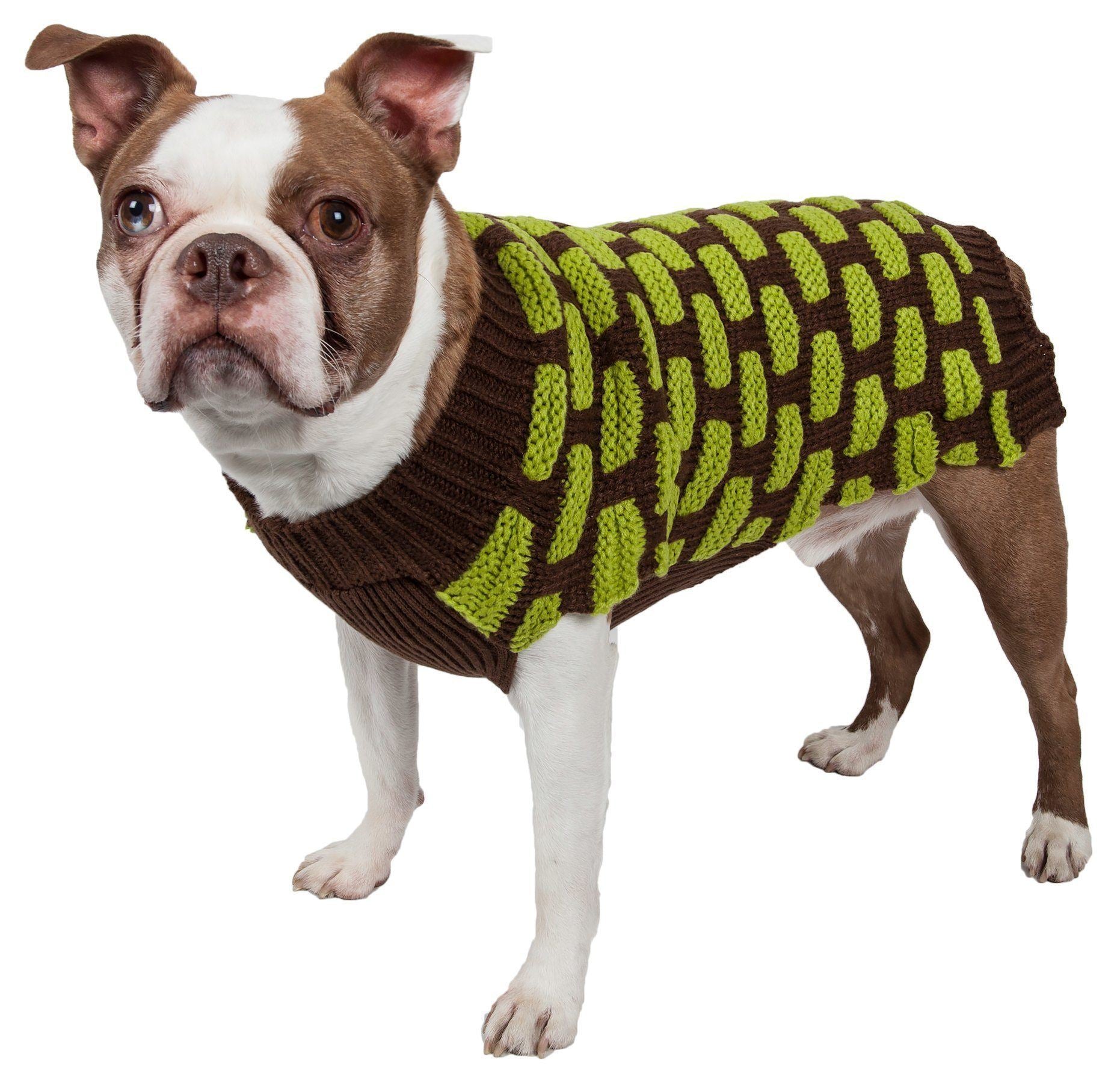 Pet Life ® Fashion Weaved Heavy Knit Designer Ribbed Turtle Neck Dog Sweater X-Small Choco Brown And Neon Green